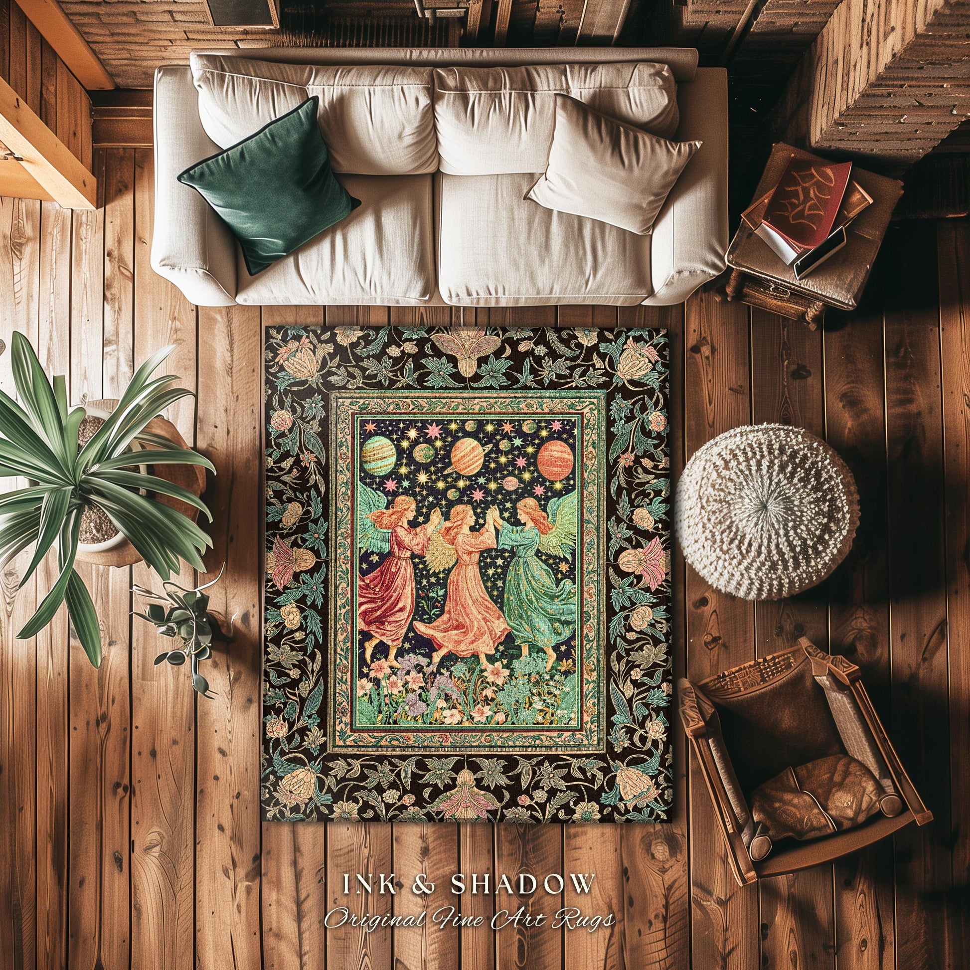 Astral Angels Whimsical Cozy Rug | Modern Medieval Fairycore Area Rug Enchanted Dreamy Cottagecore Dark Academia Aesthetic Bedroom Mystical