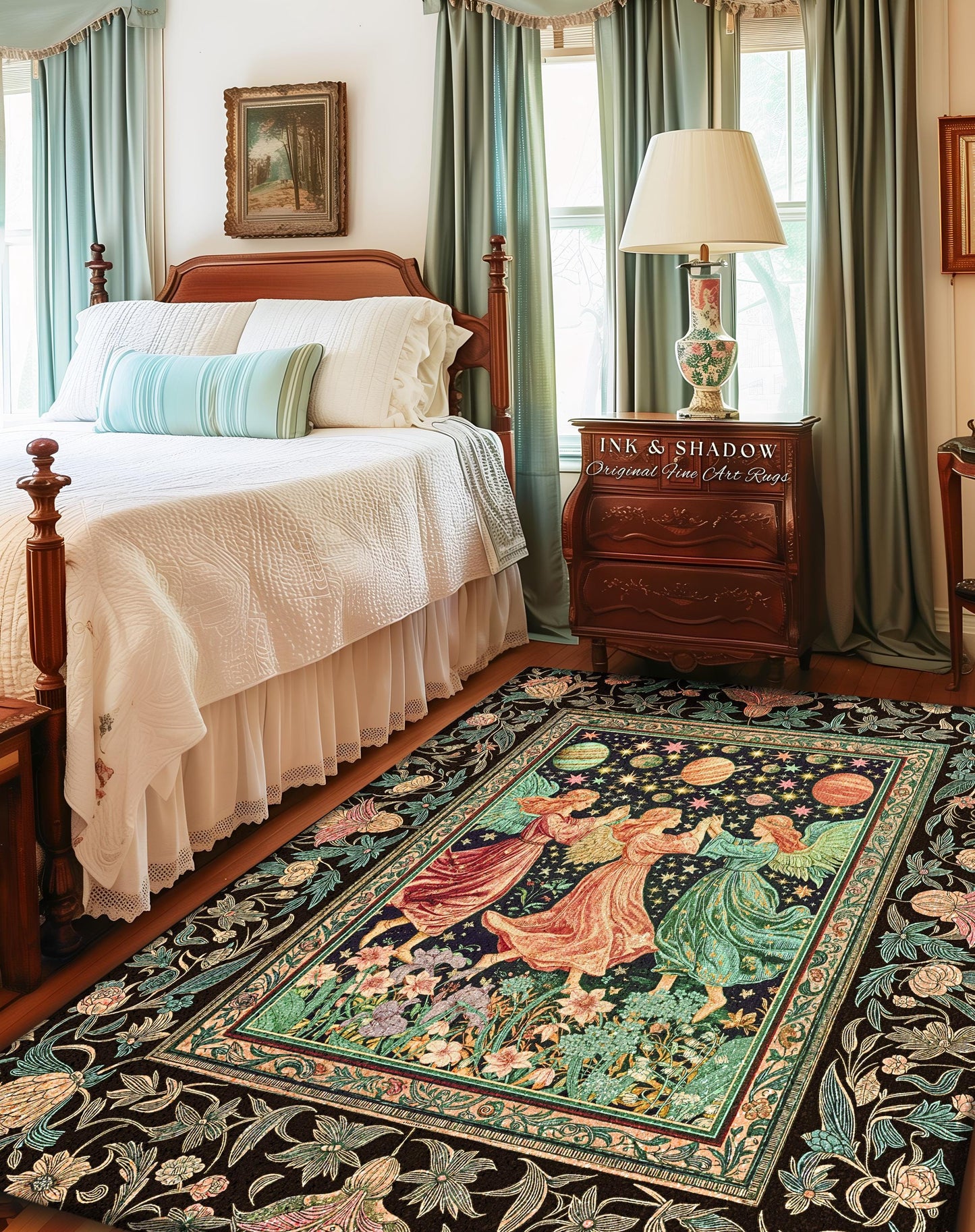 Astral Angels Whimsical Cozy Rug | Modern Medieval Fairycore Area Rug Enchanted Dreamy Cottagecore Dark Academia Aesthetic Bedroom Mystical