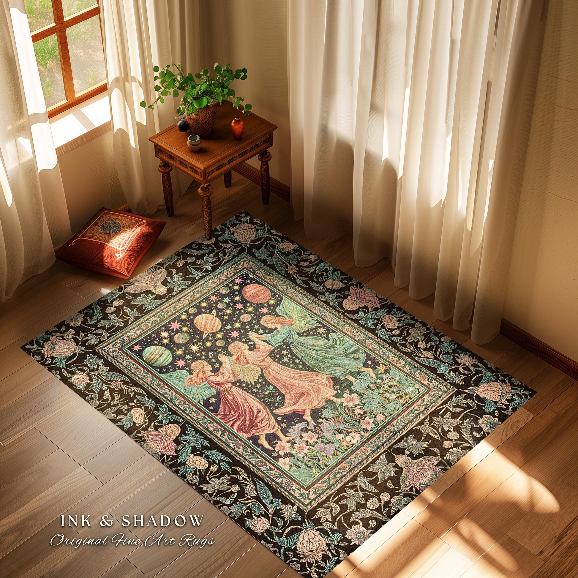 Astral Angels Whimsical Cozy Rug | Modern Medieval Fairycore Area Rug Enchanted Dreamy Cottagecore Dark Academia Aesthetic Bedroom Mystical