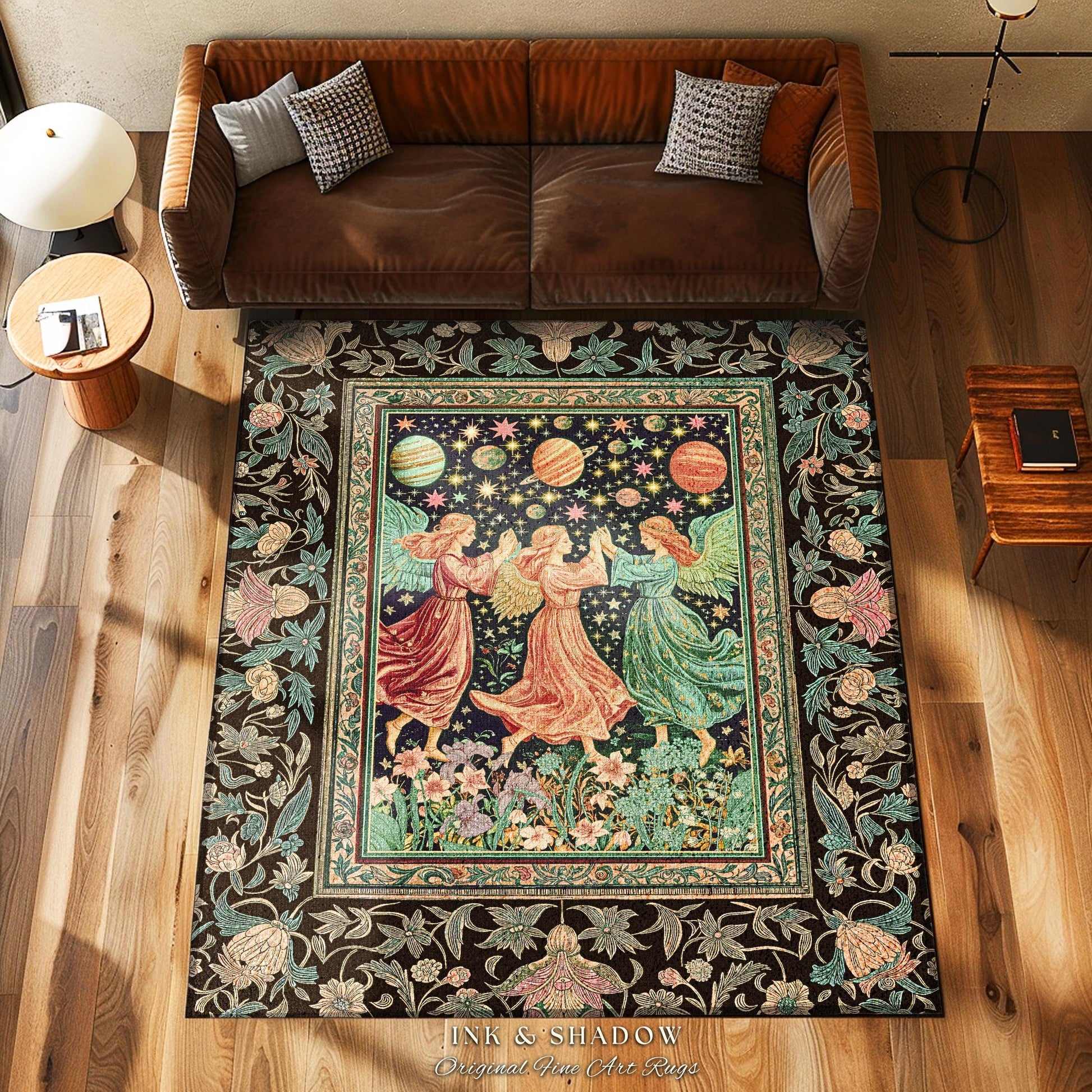 Astral Angels Whimsical Cozy Rug | Modern Medieval Fairycore Area Rug Enchanted Dreamy Cottagecore Dark Academia Aesthetic Bedroom Mystical