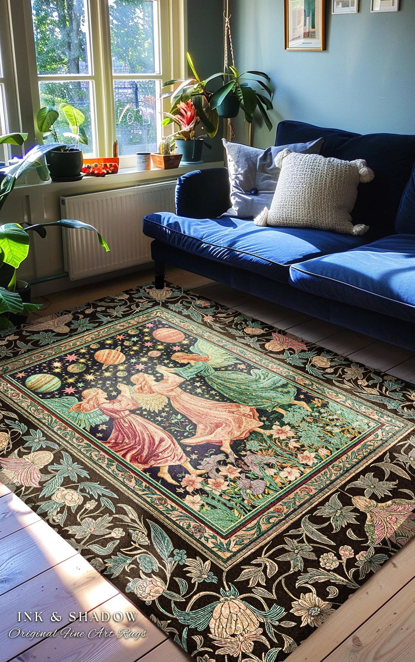 Astral Angels Whimsical Cozy Rug | Modern Medieval Fairycore Area Rug Enchanted Dreamy Cottagecore Dark Academia Aesthetic Bedroom Mystical