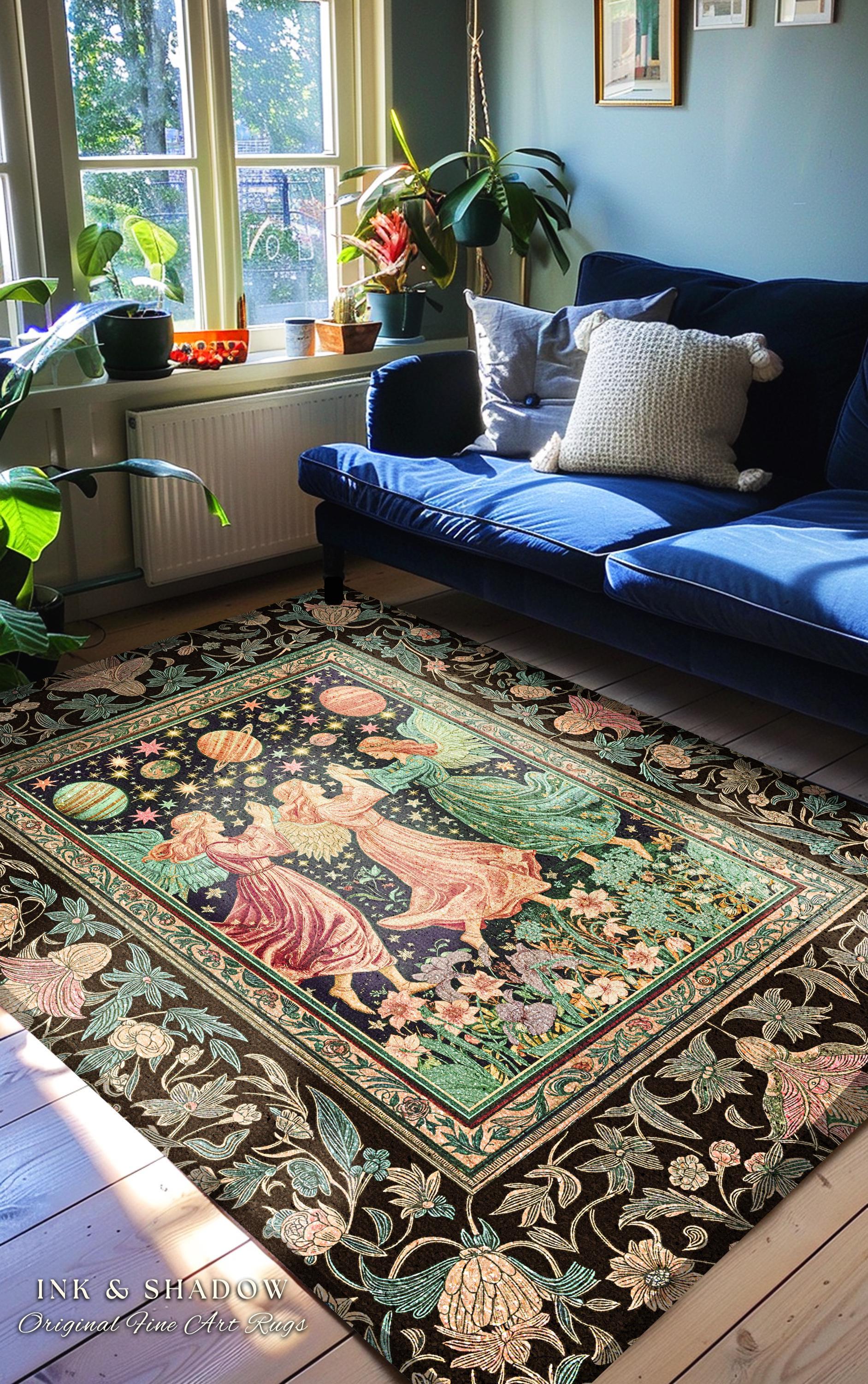 Astral Angels Whimsical Cozy Rug | Modern Medieval Fairycore Area Rug Enchanted Dreamy Cottagecore Dark Academia Aesthetic Bedroom Mystical