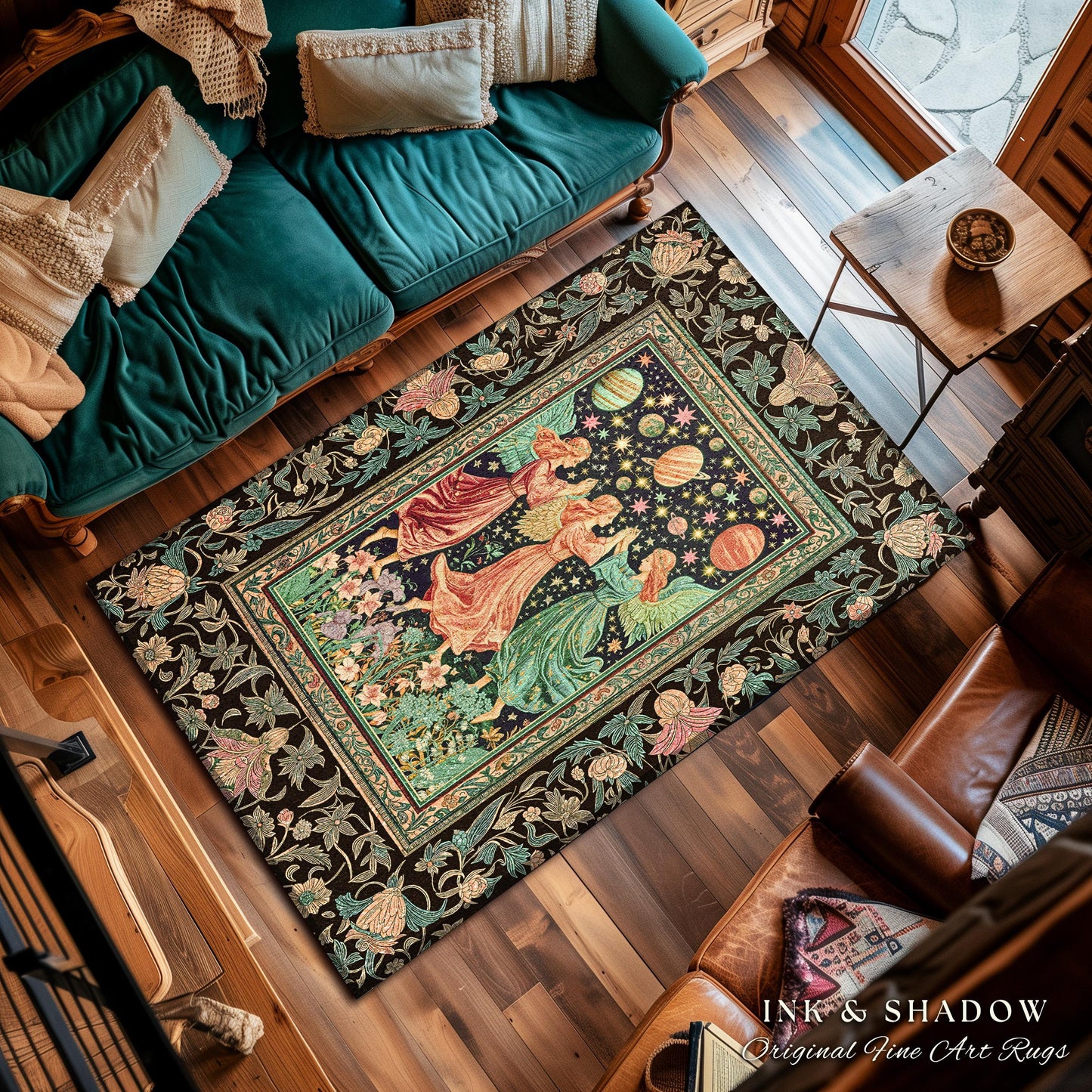 Astral Angels Whimsical Cozy Rug | Modern Medieval Fairycore Area Rug Enchanted Dreamy Cottagecore Dark Academia Aesthetic Bedroom Mystical