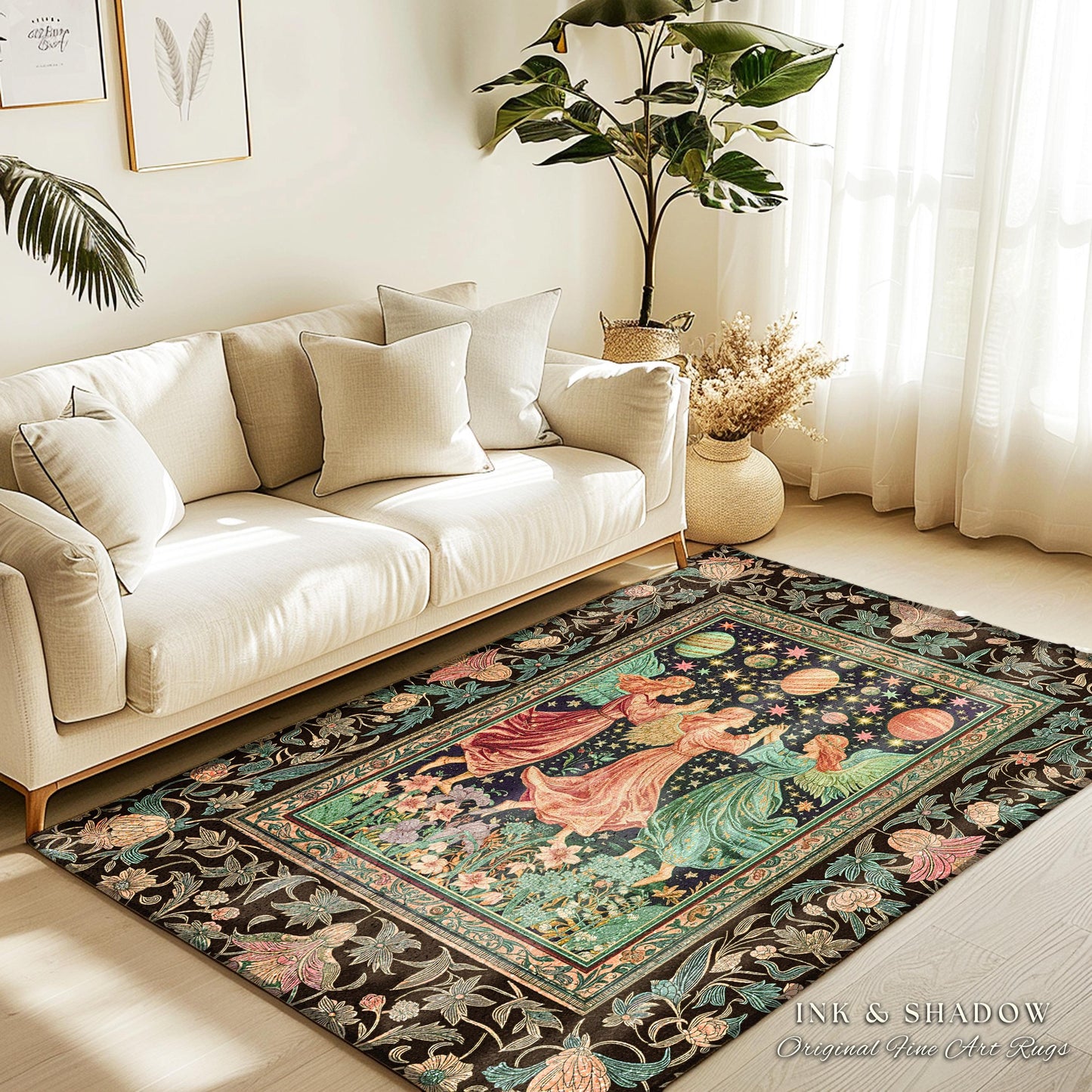 Astral Angels Whimsical Cozy Rug | Modern Medieval Fairycore Area Rug Enchanted Dreamy Cottagecore Dark Academia Aesthetic Bedroom Mystical