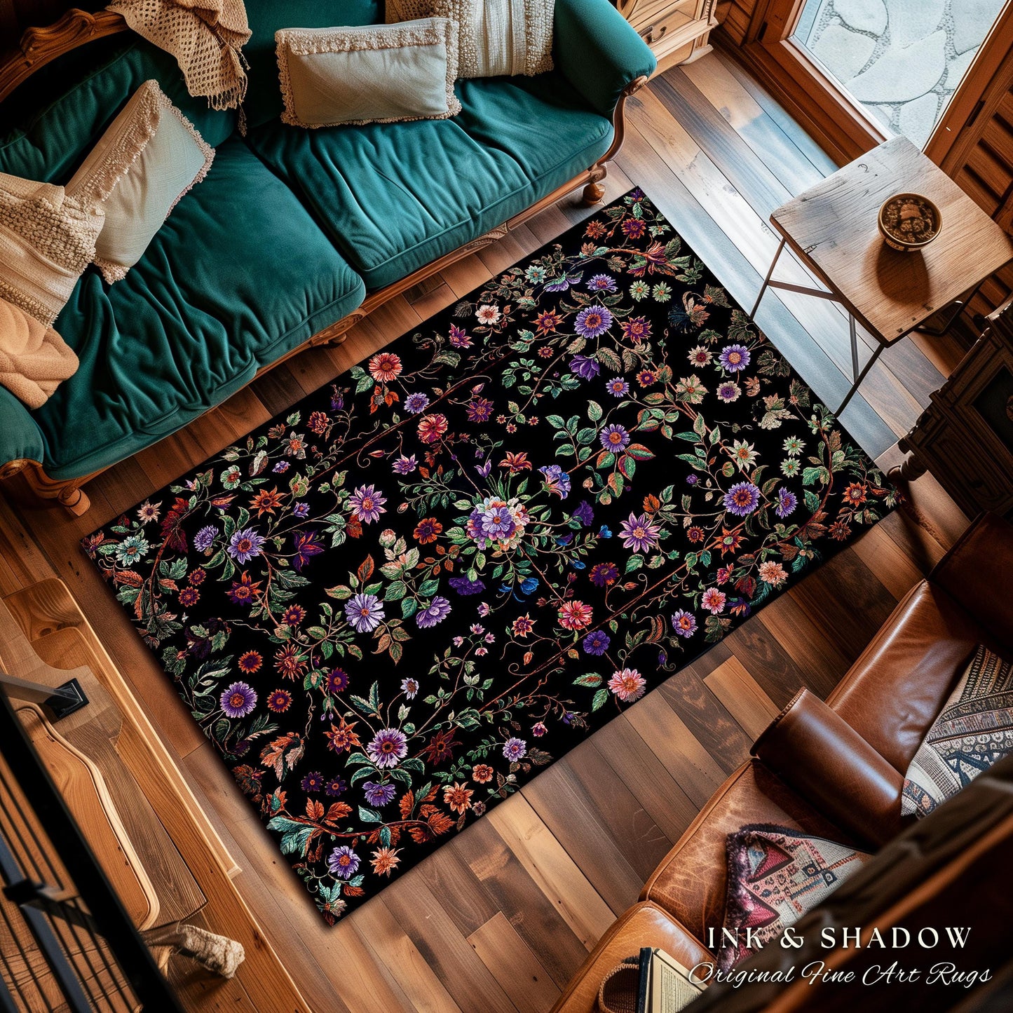 Jewel Tones Vintage Dark Academia Wildflower Rug | Floral Aesthetic Ornate Gothic Home Decor Whimsical Rustic Housewarming Gift Ethereal