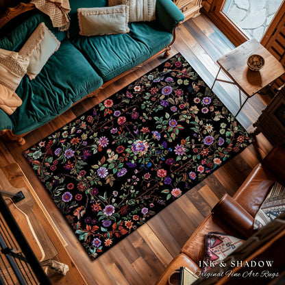 Jewel Tones Vintage Dark Academia Wildflower Rug | Floral Aesthetic Ornate Gothic Home Decor Whimsical Rustic Housewarming Gift Ethereal