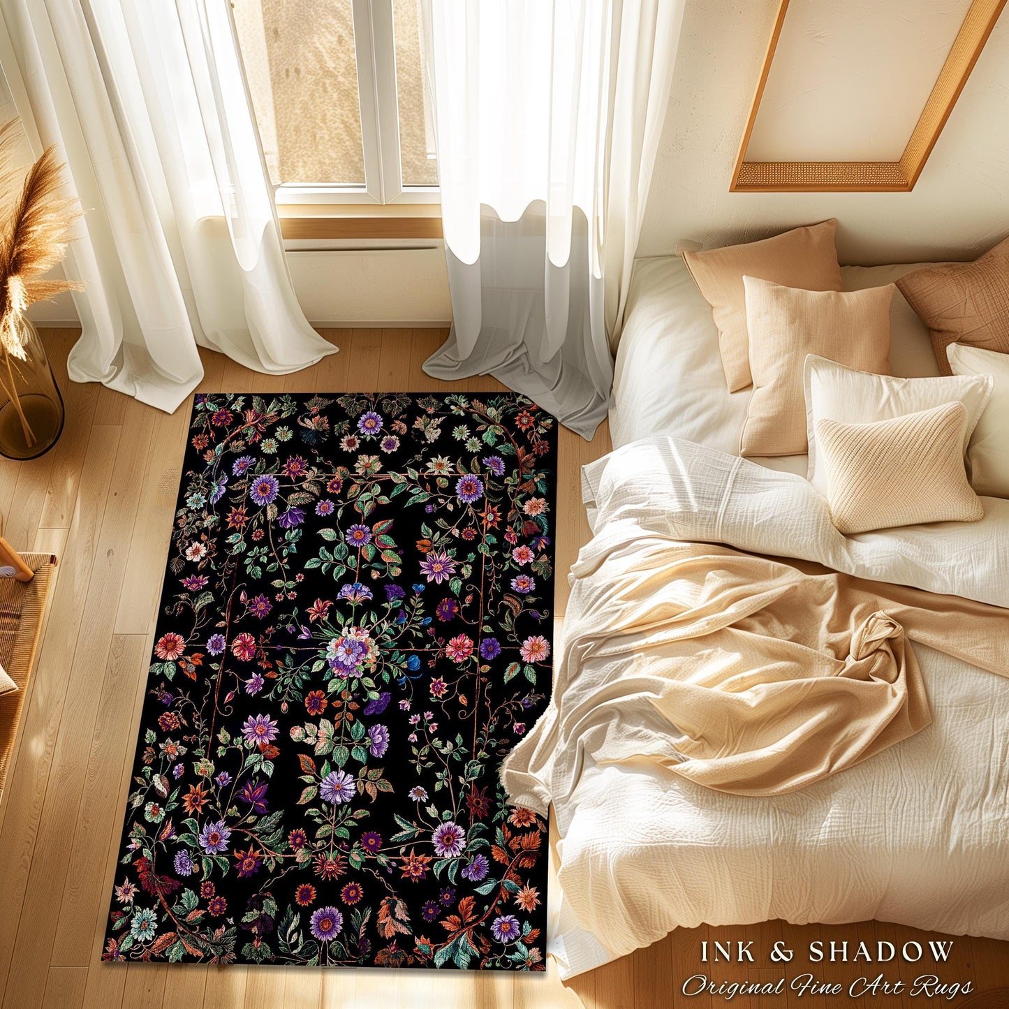Jewel Tones Vintage Dark Academia Wildflower Rug | Floral Aesthetic Ornate Gothic Home Decor Whimsical Rustic Housewarming Gift Ethereal