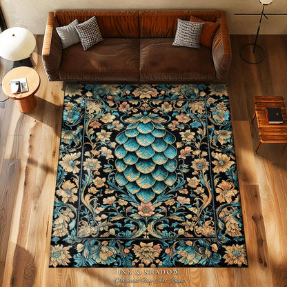 Arcane Elegance Enchanted Area Rug | Dark Academia Whimsical Gothic Fantasy Home Accent Ornate Medieval Botanical Dragon Scale Ethereal |