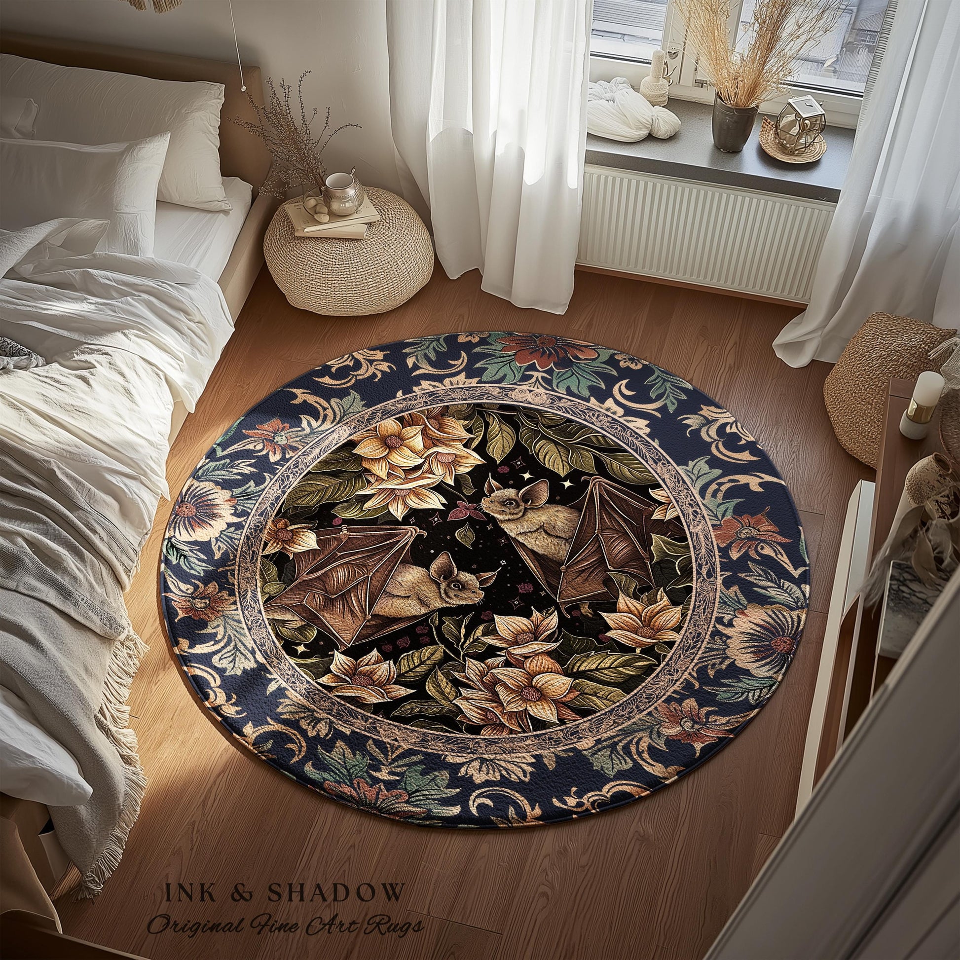 Dark Academia Mystic Bat Rug Woodland Gothic Victorian Decor | Enchanted Forest Bat Lover Nature Rug Celestial Boho Floral Cottagecore Decor