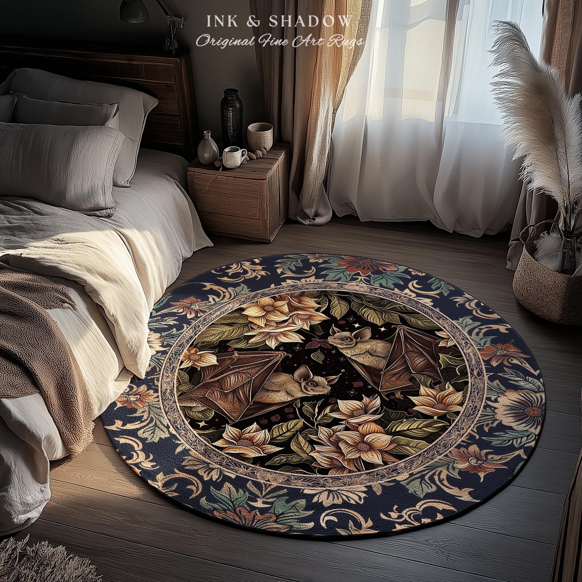 Dark Academia Mystic Bat Rug Woodland Gothic Victorian Decor | Enchanted Forest Bat Lover Nature Rug Celestial Boho Floral Cottagecore Decor
