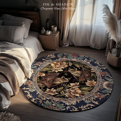Dark Academia Mystic Bat Rug Woodland Gothic Victorian Decor | Enchanted Forest Bat Lover Nature Rug Celestial Boho Floral Cottagecore Decor