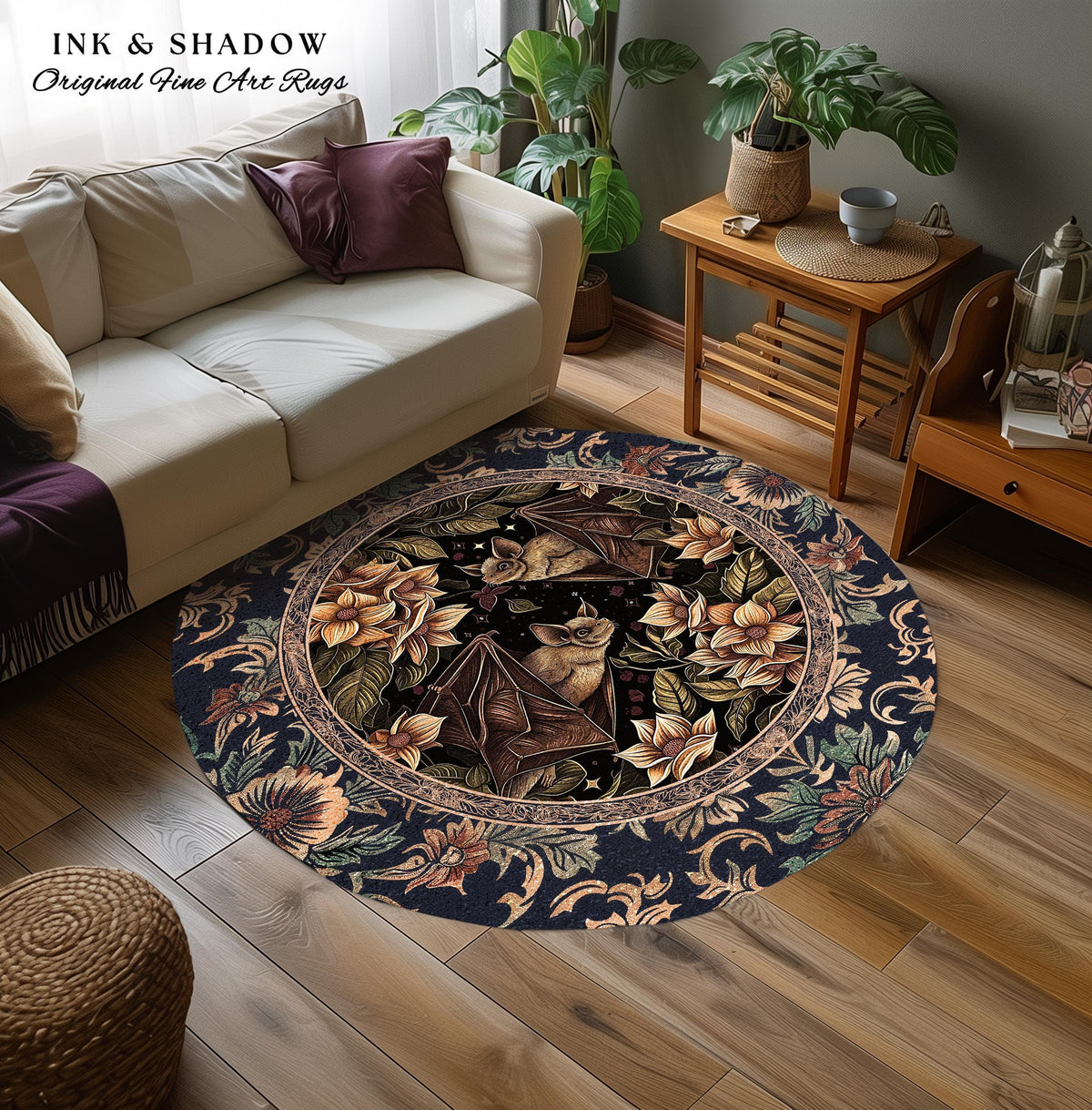 Dark Academia Mystic Bat Rug Woodland Gothic Victorian Decor | Enchanted Forest Bat Lover Nature Rug Celestial Boho Floral Cottagecore Decor