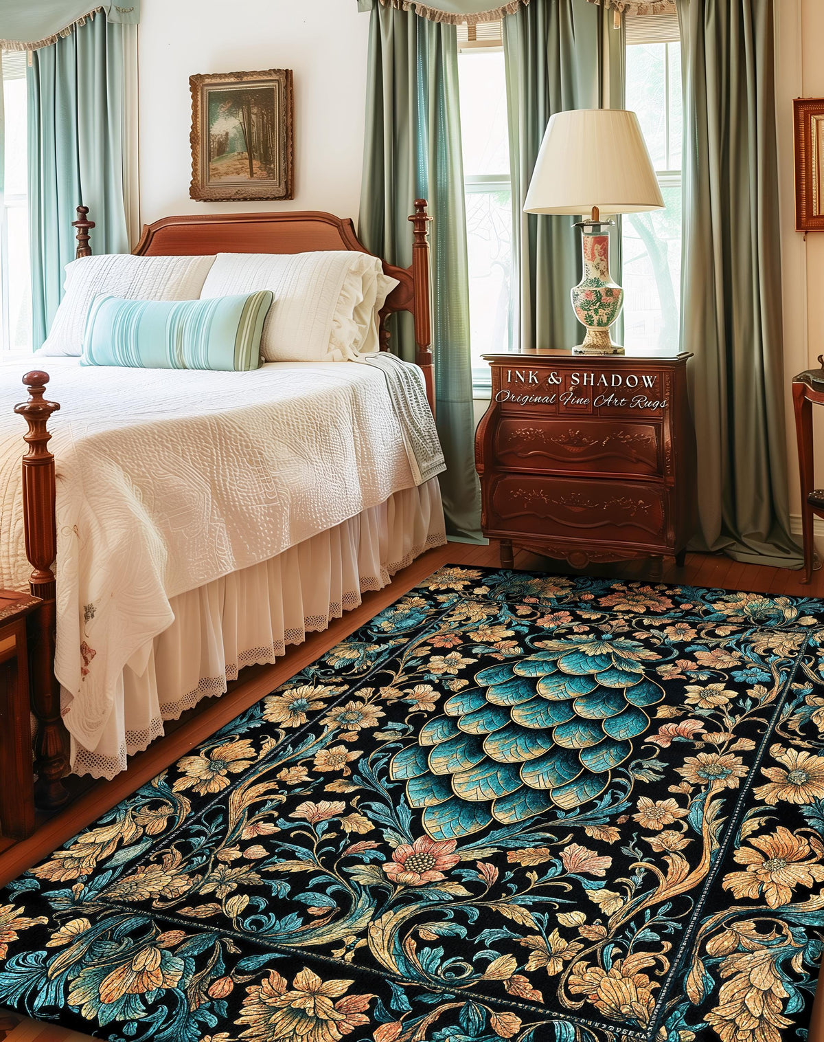 Arcane Elegance Enchanted Area Rug | Dark Academia Whimsical Gothic Fantasy Home Accent Ornate Medieval Floral Dragon Scale Ethereal Decor