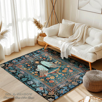 Witchy Whimsical Ghost Couple Area Rug | Gothic Accent Whimsigoth Style Celestial Halloween Home Decor Cottagecore Vibe Fairytale Aesthetic
