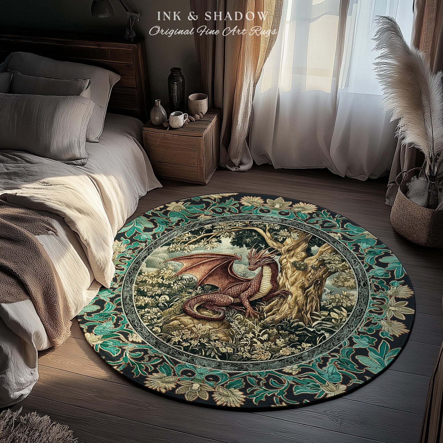 Moody Mythological Dragon Floor Rug | Whimsical Bedroom Dark Medieval Dragon Area Rug Enchanted Gloomy Ethereal Goblincore Style Bedroom |