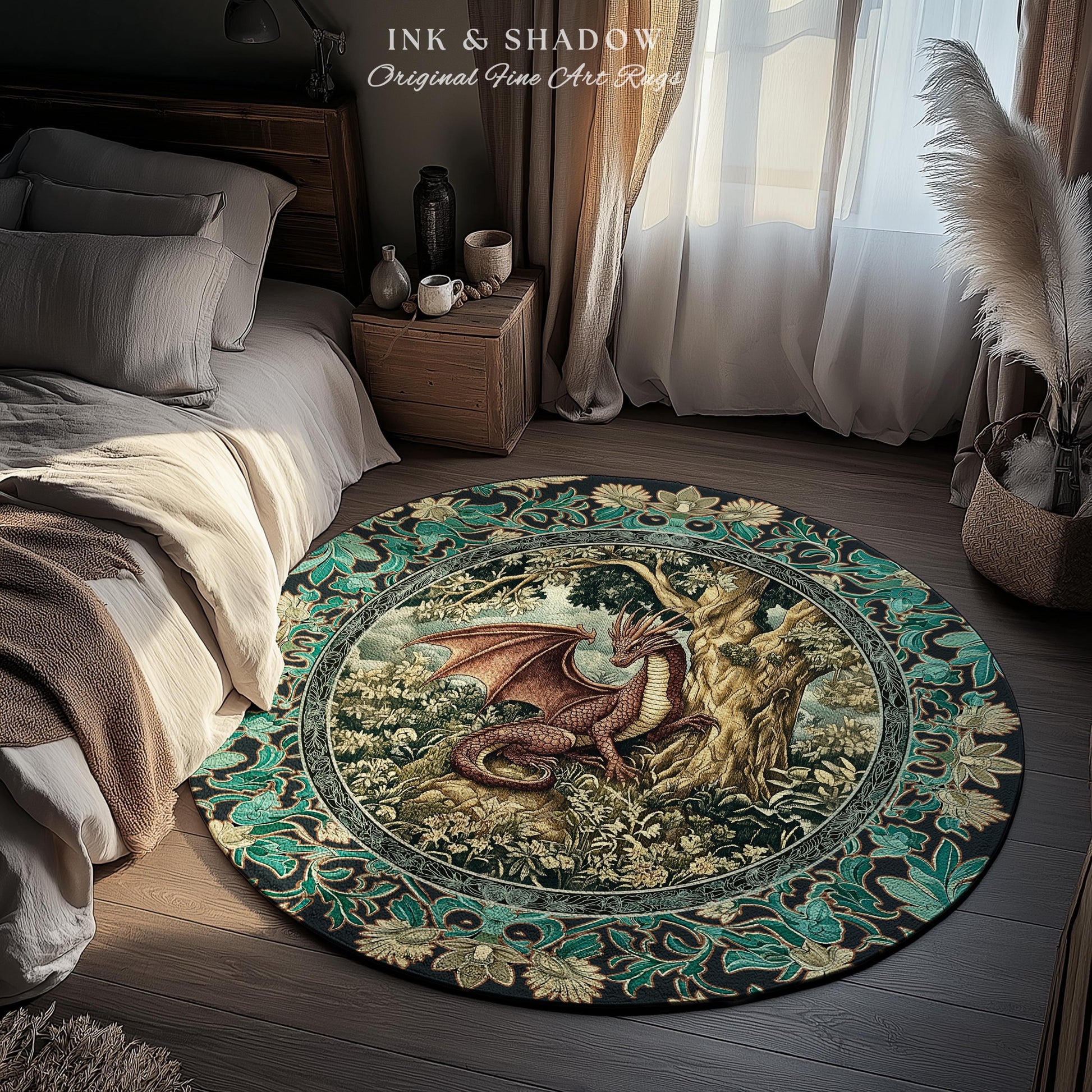 Moody Mythological Dragon Floor Rug | Whimsical Bedroom Dark Medieval Dragon Area Rug Enchanted Gloomy Ethereal Goblincore Style Bedroom |
