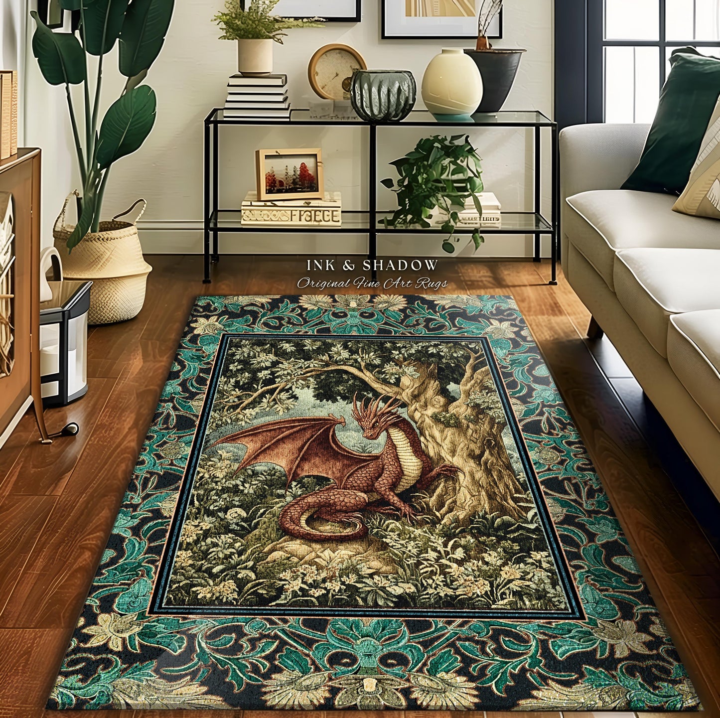 Moody Mythological Dragon Floor Rug | Whimsical Bedroom Dark Medieval Dragon Area Rug Enchanted Gloomy Ethereal Goblincore Style Bedroom |