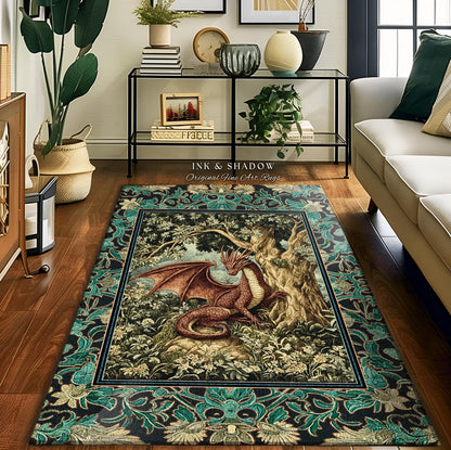 Moody Mythological Dragon Floor Rug | Whimsical Bedroom Dark Medieval Dragon Area Rug Enchanted Gloomy Ethereal Goblincore Style Bedroom |