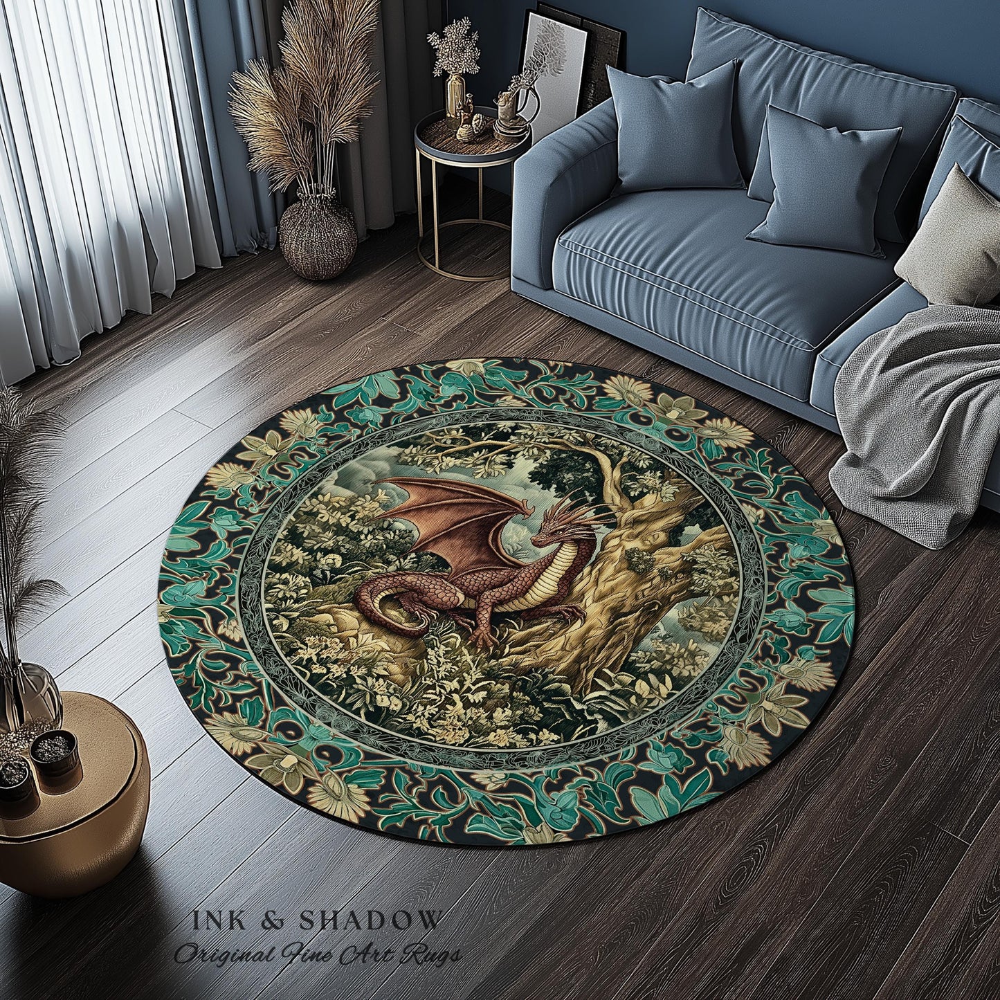 Moody Mythological Dragon Floor Rug | Whimsical Bedroom Dark Medieval Dragon Area Rug Enchanted Gloomy Ethereal Goblincore Style Bedroom |