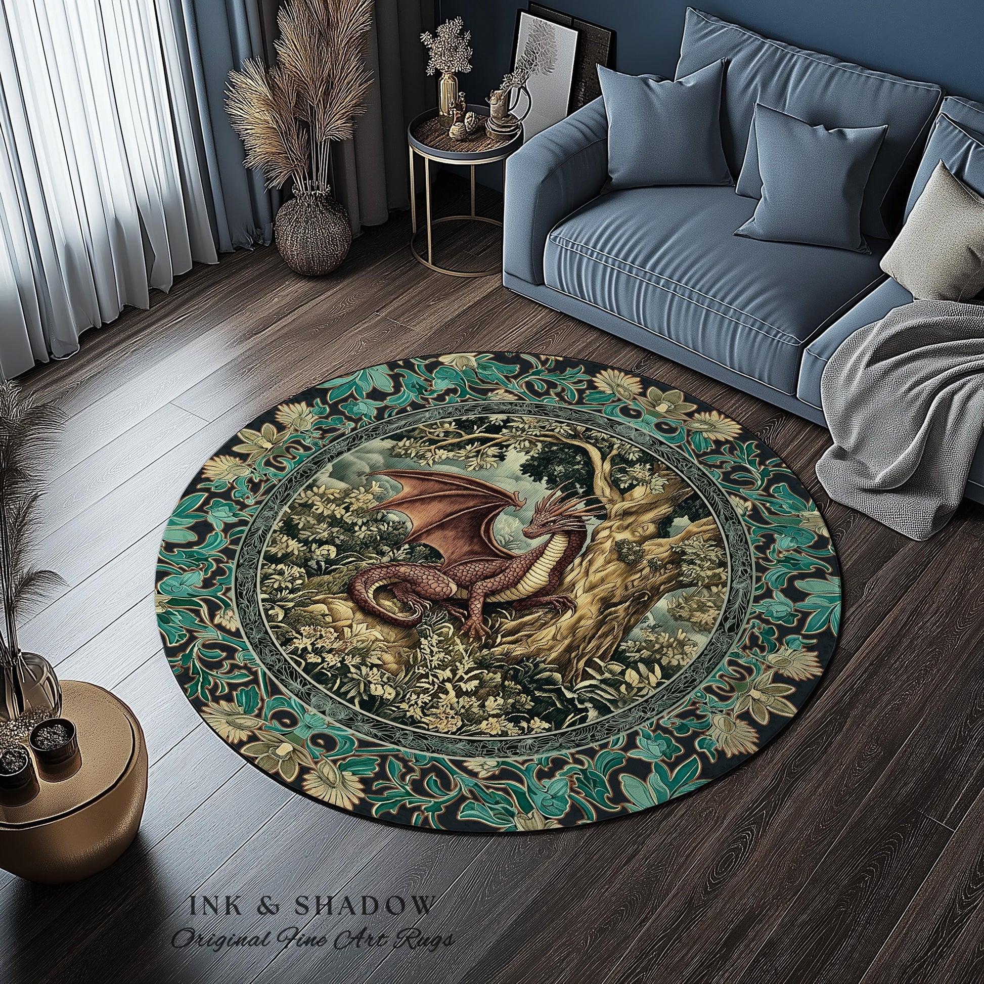 Moody Mythological Dragon Floor Rug | Whimsical Bedroom Dark Medieval Dragon Area Rug Enchanted Gloomy Ethereal Goblincore Style Bedroom |
