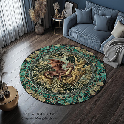 Moody Mythological Dragon Floor Rug | Whimsical Bedroom Dark Medieval Dragon Area Rug Enchanted Gloomy Ethereal Goblincore Style Bedroom |