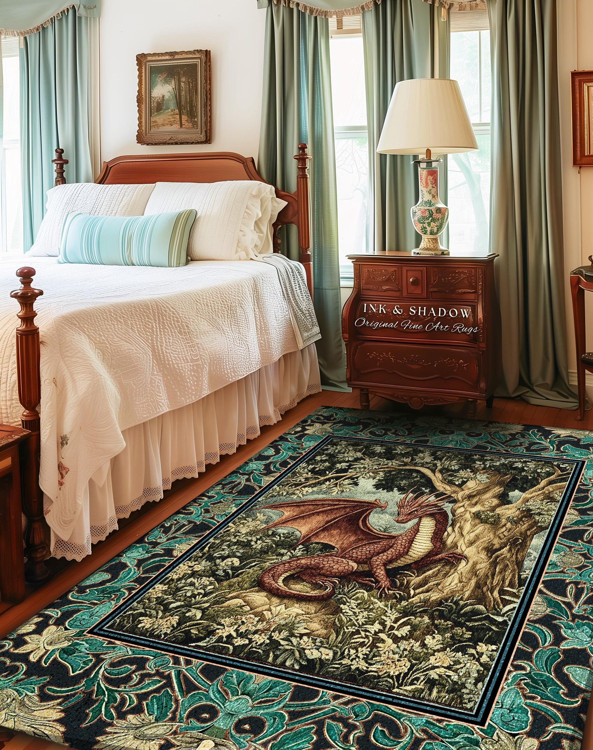 Moody Mythological Dragon Floor Rug | Whimsical Bedroom Dark Medieval Dragon Area Rug Enchanted Gloomy Ethereal Goblincore Style Bedroom |