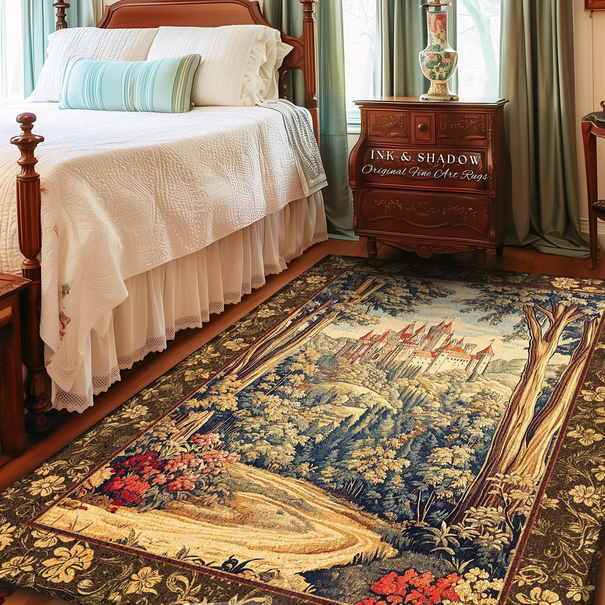 Book Nook Fairytale Castle Area Rug | Woodland Fairycore Bohemian Rug Folklore Aesthetic Magical Landscape Forestcore Bedroom Dark Academia