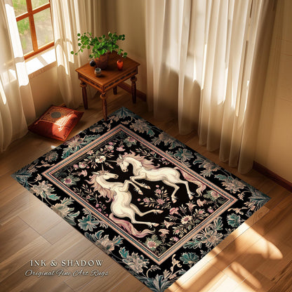 Rustic Folklore Mystical Unicorn Area Rug | Whimsical Purple Accent Bedroom Decor Magic Cottagecore Fairycore Magical Creature Dark Floral