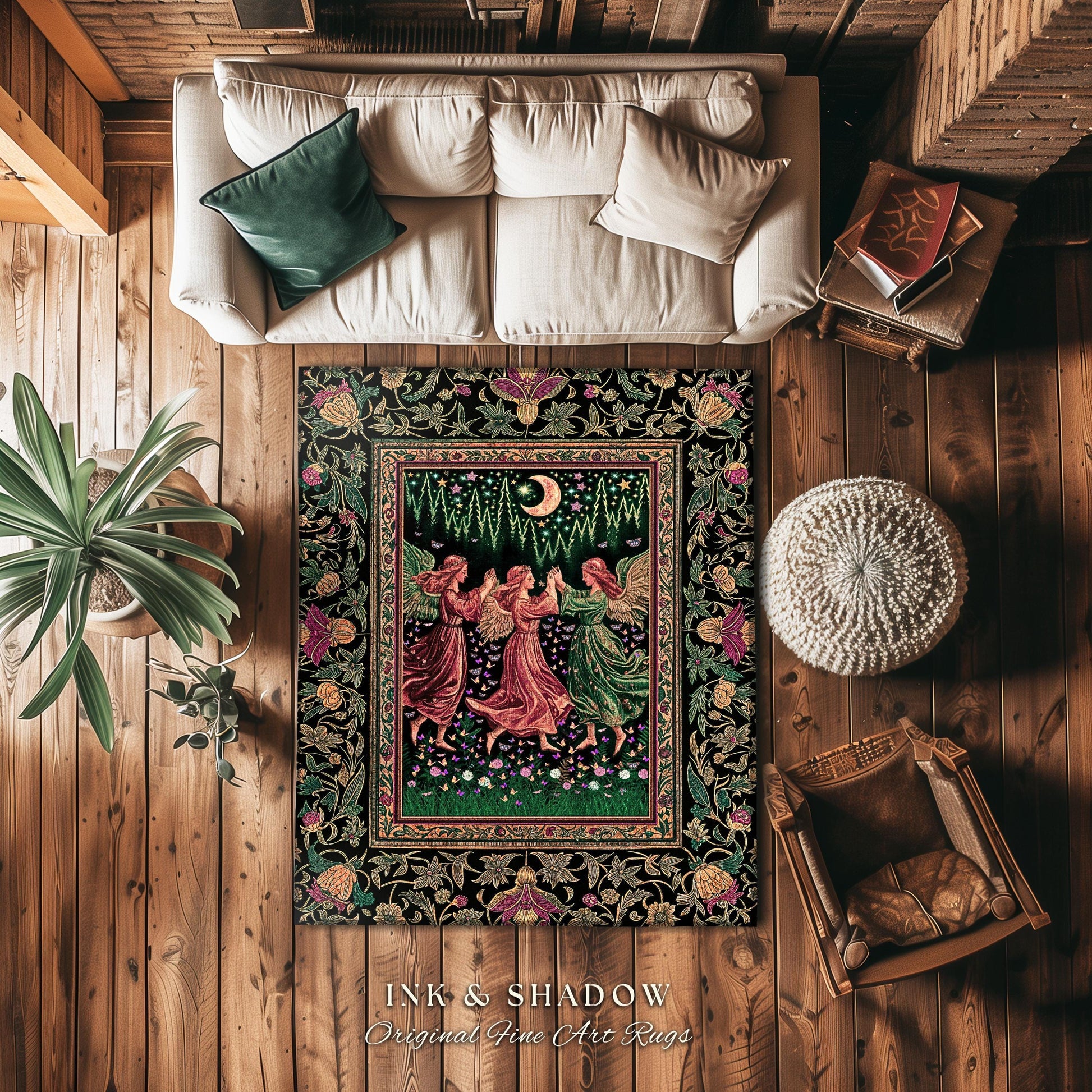 Moonlit Forest Nymph Area Rug | Medieval Elegance Woodland Fairycore Dark Academia Bedroom Accent Midsummer Aesthetic Scandi Folklore Style