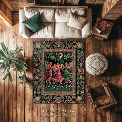 Moonlit Forest Nymph Area Rug | Medieval Elegance Woodland Fairycore Dark Academia Bedroom Accent Midsummer Aesthetic Scandi Folklore Style