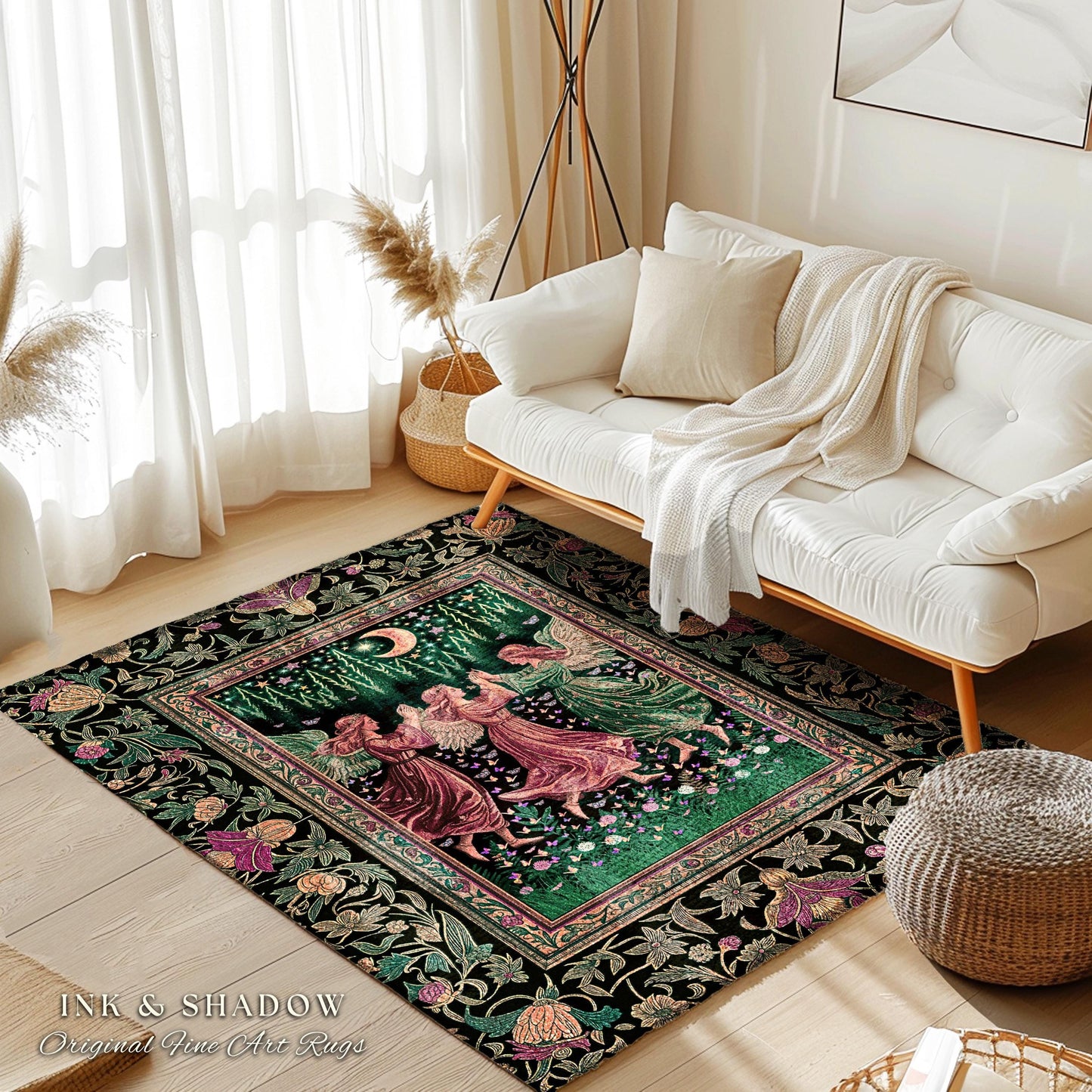Moonlit Forest Nymph Area Rug | Medieval Elegance Woodland Fairycore Dark Academia Bedroom Accent Midsummer Aesthetic Scandi Folklore Style