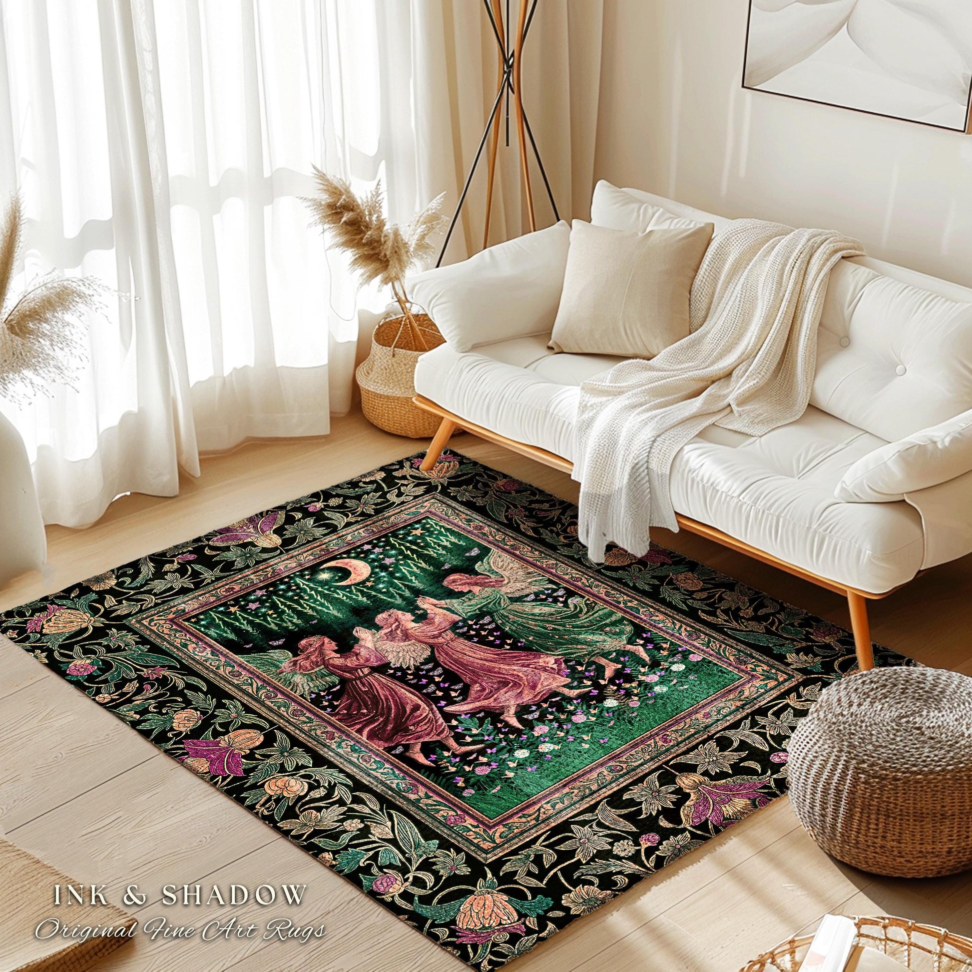 Moonlit Forest Nymph Area Rug | Medieval Elegance Woodland Fairycore Dark Academia Bedroom Accent Midsummer Aesthetic Scandi Folklore Style