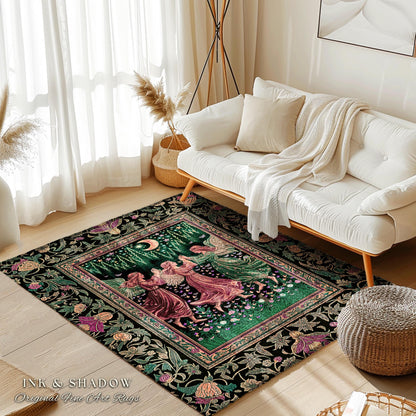 Moonlit Forest Nymph Area Rug | Medieval Elegance Woodland Fairycore Dark Academia Bedroom Accent Midsummer Aesthetic Scandi Folklore Style