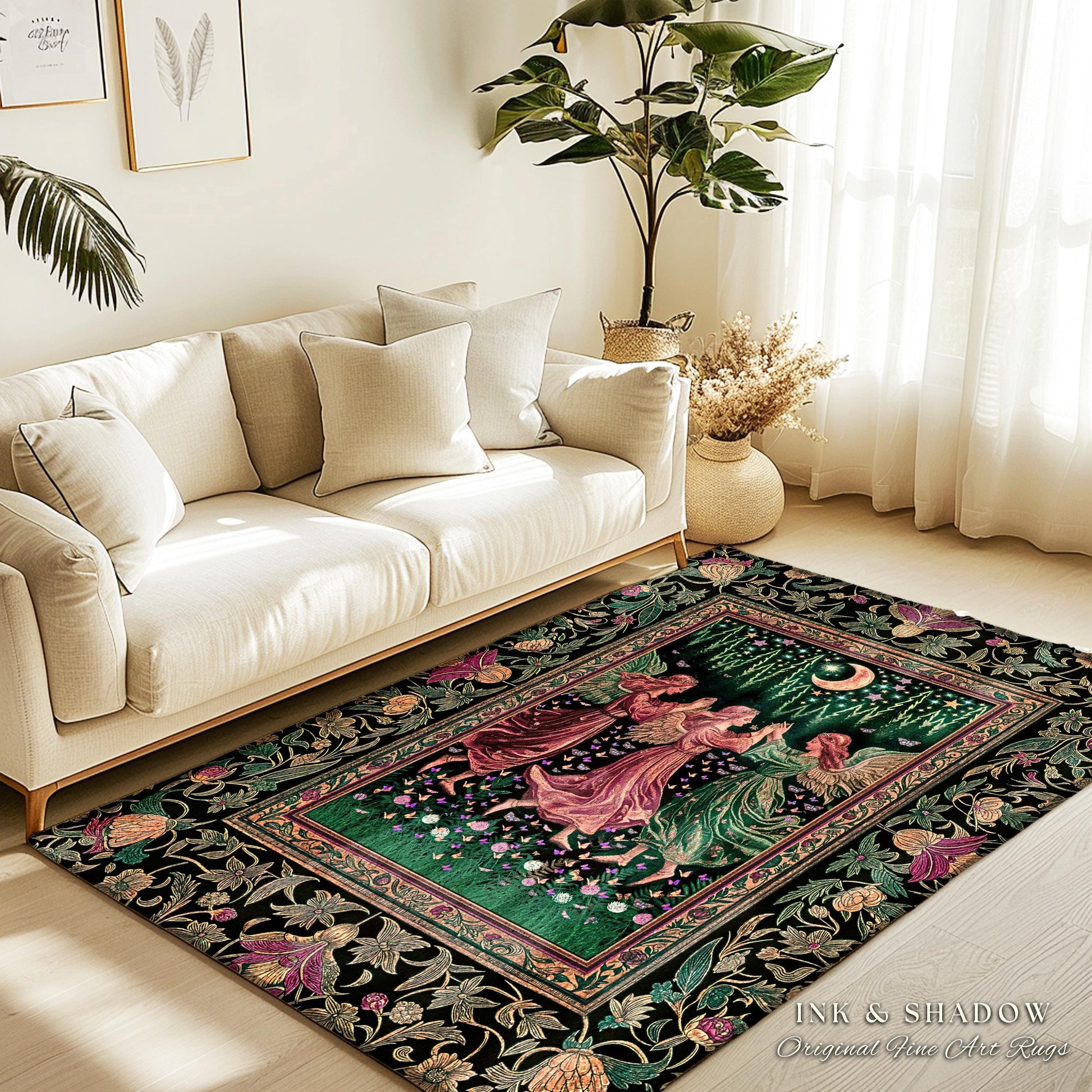 Moonlit Forest Nymph Area Rug | Medieval Elegance Woodland Fairycore Dark Academia Bedroom Accent Midsummer Aesthetic Scandi Folklore Style