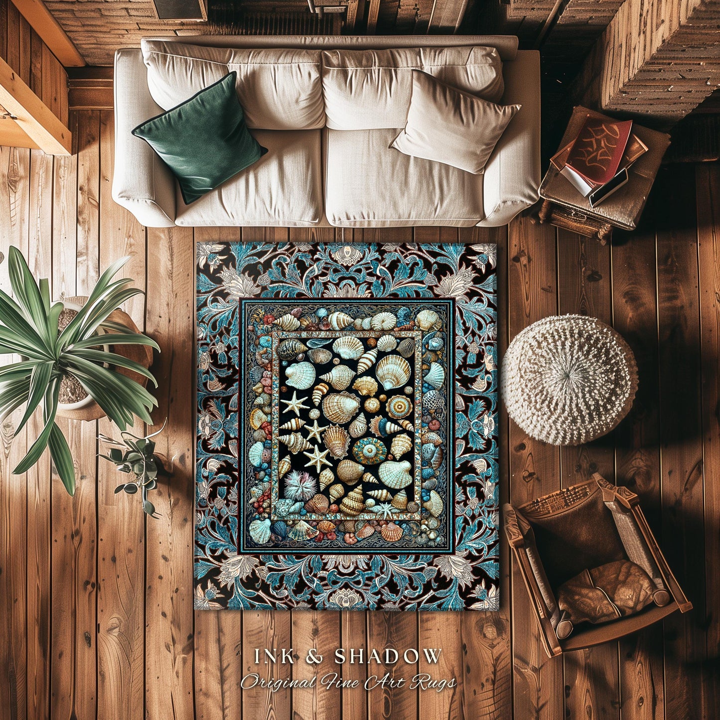 Ocean Theme Coastal Area Rug | Beachy Cottage Nautical Theme Seashell Art Vintage Mermaidcore Marine Life Bedroom Accent Rug Eclectic Decor