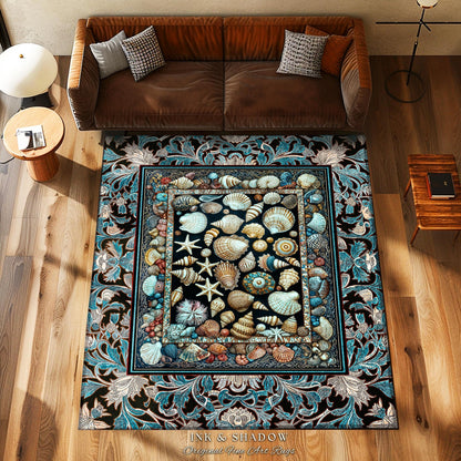 Ocean Theme Coastal Area Rug | Beachy Cottage Nautical Theme Seashell Art Vintage Mermaidcore Marine Life Bedroom Accent Rug Eclectic Decor