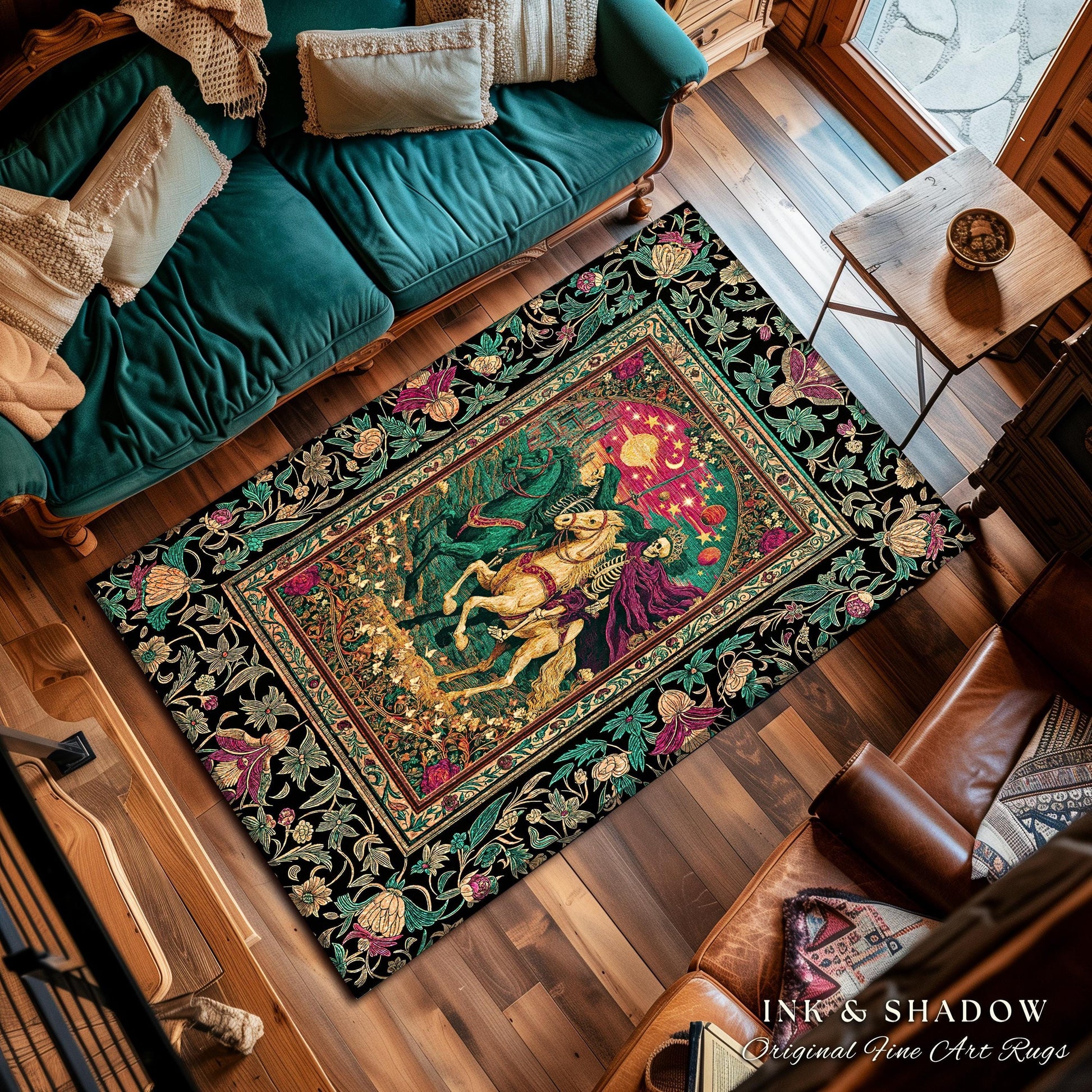 Magic Whimsical Skeleton Horsemen Rug | Gothic Celestial Landscape Castlecore Royal Couple Fantasy Baroque Bedroom Accent Rug Macabre Dreamy