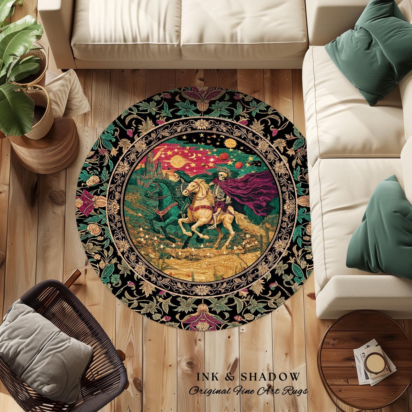 Magic Whimsical Skeleton Horsemen Rug | Gothic Celestial Landscape Castlecore Royal Couple Fantasy Baroque Bedroom Accent Rug Macabre Dreamy