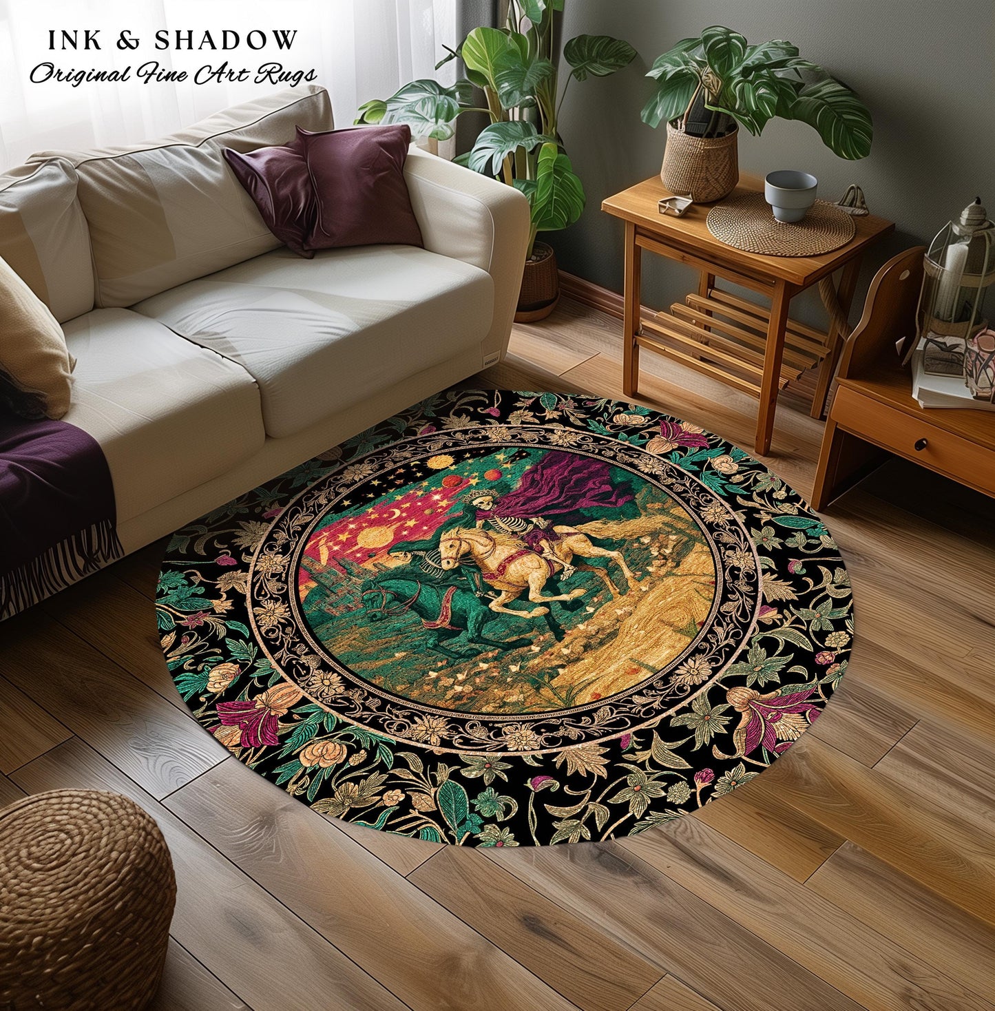 Magic Whimsical Skeleton Horsemen Rug | Gothic Celestial Landscape Castlecore Royal Couple Fantasy Baroque Bedroom Accent Rug Macabre Dreamy