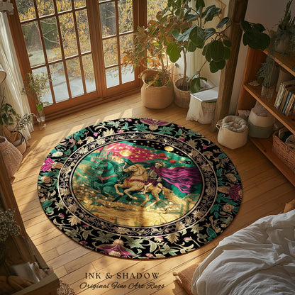 Magic Whimsical Skeleton Horsemen Rug | Gothic Celestial Landscape Castlecore Royal Couple Fantasy Baroque Bedroom Accent Rug Macabre Dreamy