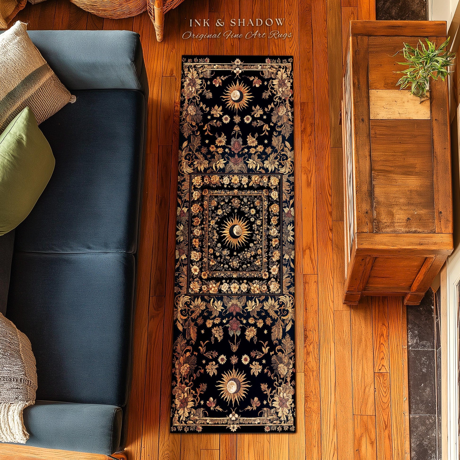 Cosmic Elegance Celestial Area Rug | Dark Cottagecore Moon and Sun Ethereal Divine Aesthetic Witchy Bohemian Eclectic Spiritual Bedroom Rug