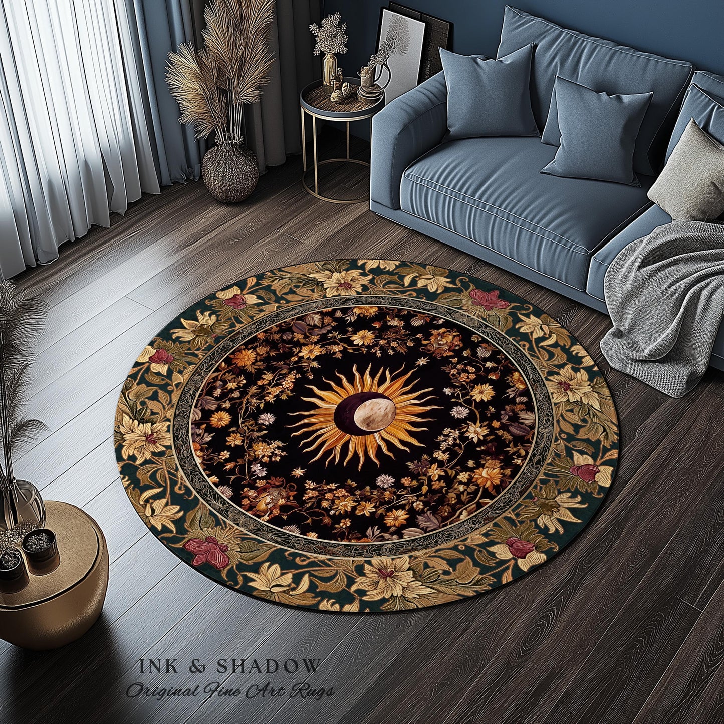 Cosmic Elegance Celestial Area Rug | Dark Cottagecore Moon and Sun Ethereal Divine Aesthetic Witchy Bohemian Eclectic Spiritual Bedroom Rug
