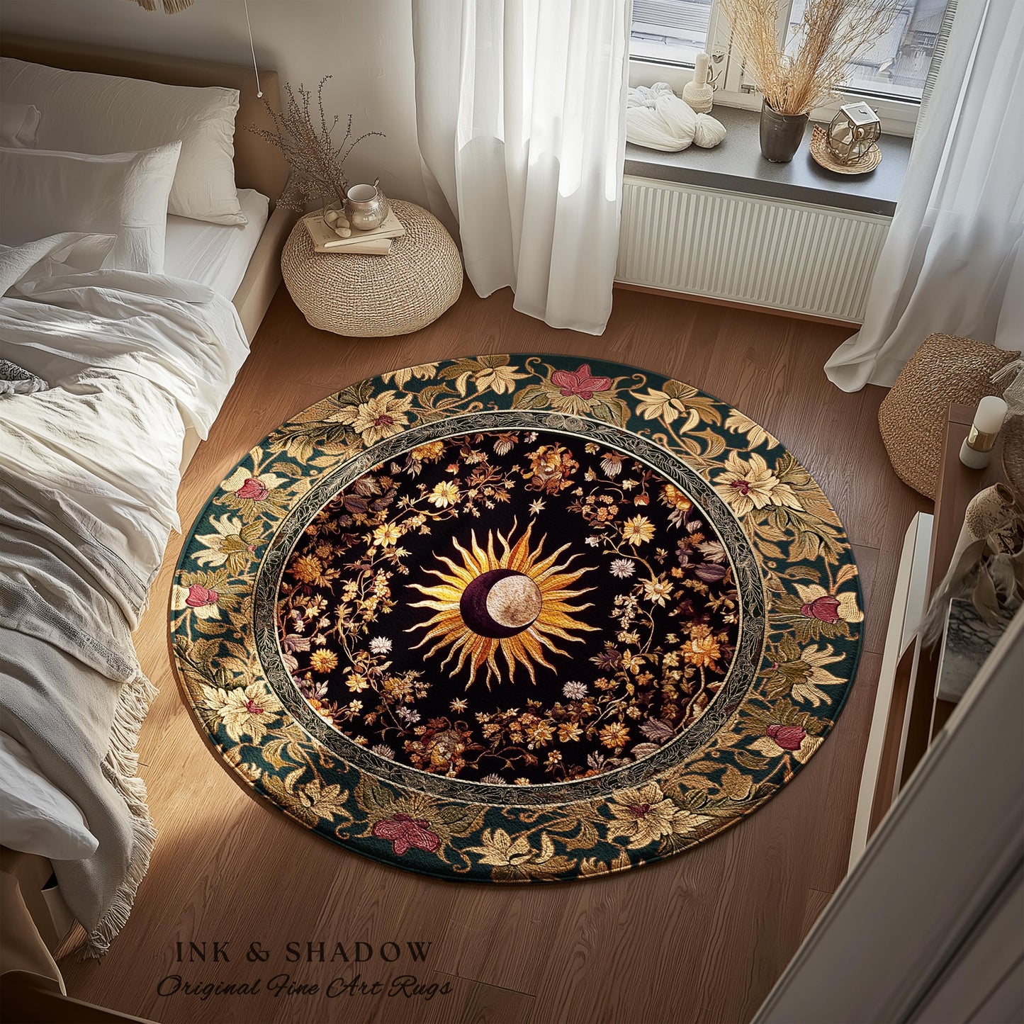Cosmic Elegance Celestial Area Rug | Dark Cottagecore Moon and Sun Ethereal Divine Aesthetic Witchy Bohemian Eclectic Spiritual Bedroom Rug