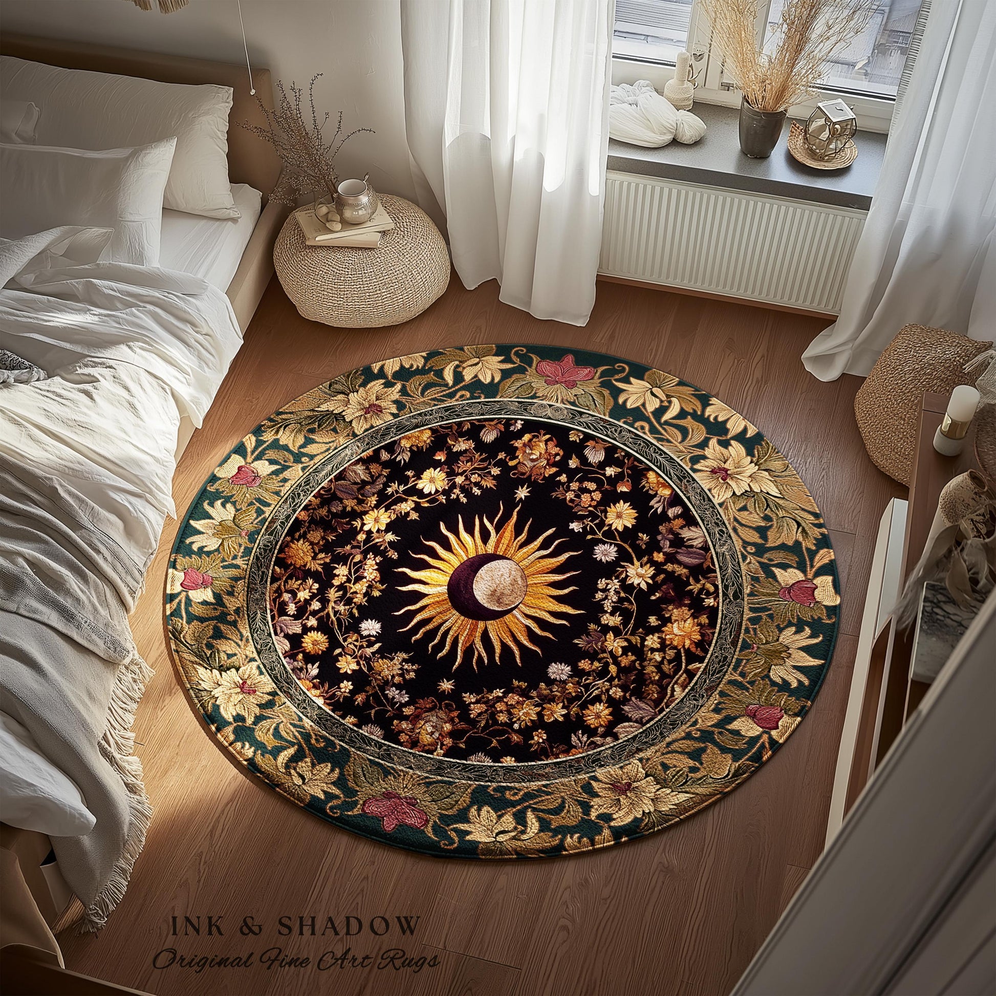 Cosmic Elegance Celestial Area Rug | Dark Cottagecore Moon and Sun Ethereal Divine Aesthetic Witchy Bohemian Eclectic Spiritual Bedroom Rug