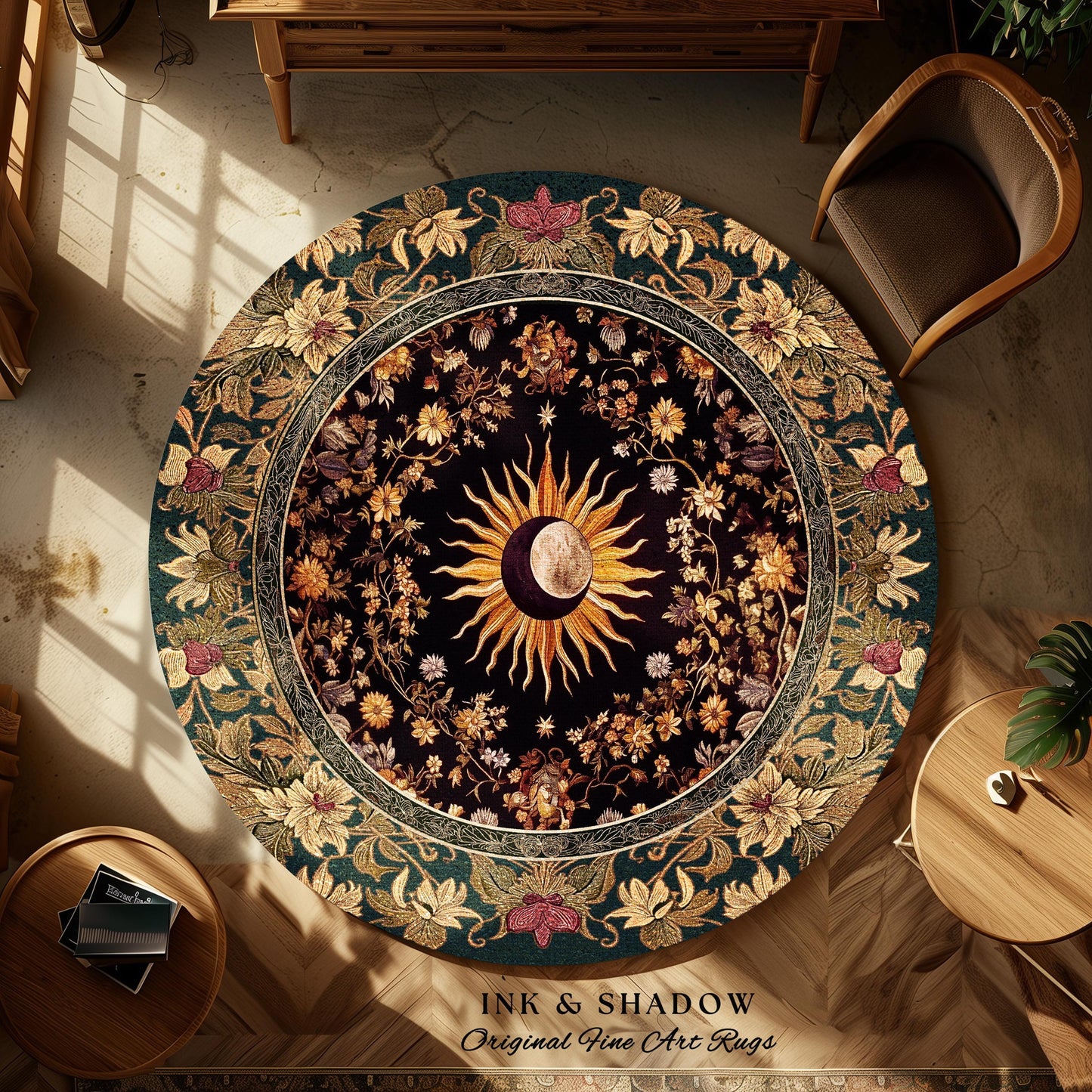 Cosmic Elegance Celestial Area Rug | Dark Cottagecore Moon and Sun Ethereal Divine Aesthetic Witchy Bohemian Eclectic Spiritual Bedroom Rug