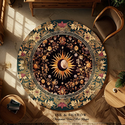 Cosmic Elegance Celestial Area Rug | Dark Cottagecore Moon and Sun Ethereal Divine Aesthetic Witchy Bohemian Eclectic Spiritual Bedroom Rug