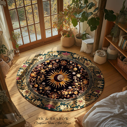 Cosmic Elegance Celestial Area Rug | Dark Cottagecore Moon and Sun Ethereal Divine Aesthetic Witchy Bohemian Eclectic Spiritual Bedroom Rug