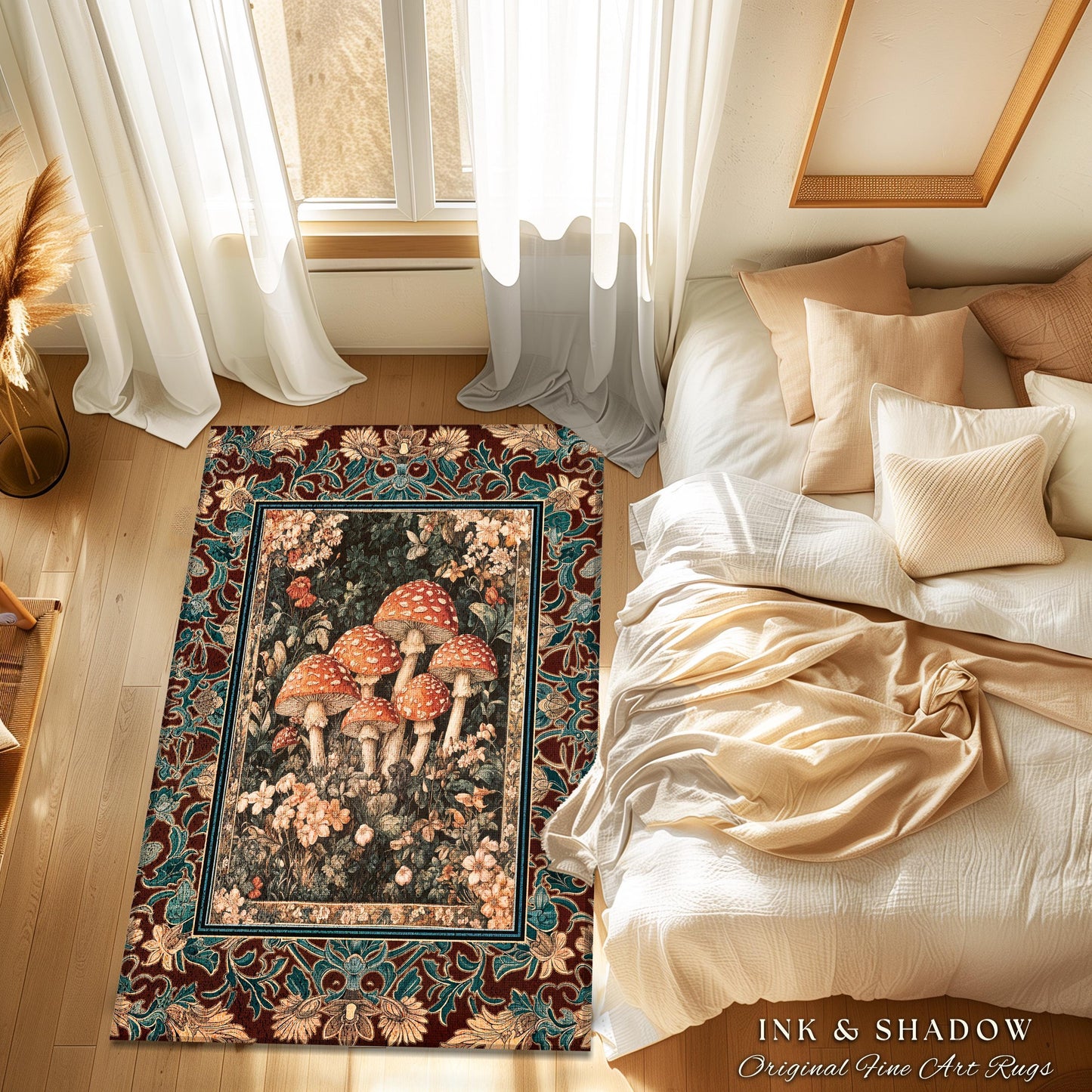 Magical Mushroom Eclectic Area Rug | Fairy Aesthetic Bedroom Whimsigoth Forest Decor Whimsical Fairycore Accent Rug Cute Housewarming Gift |