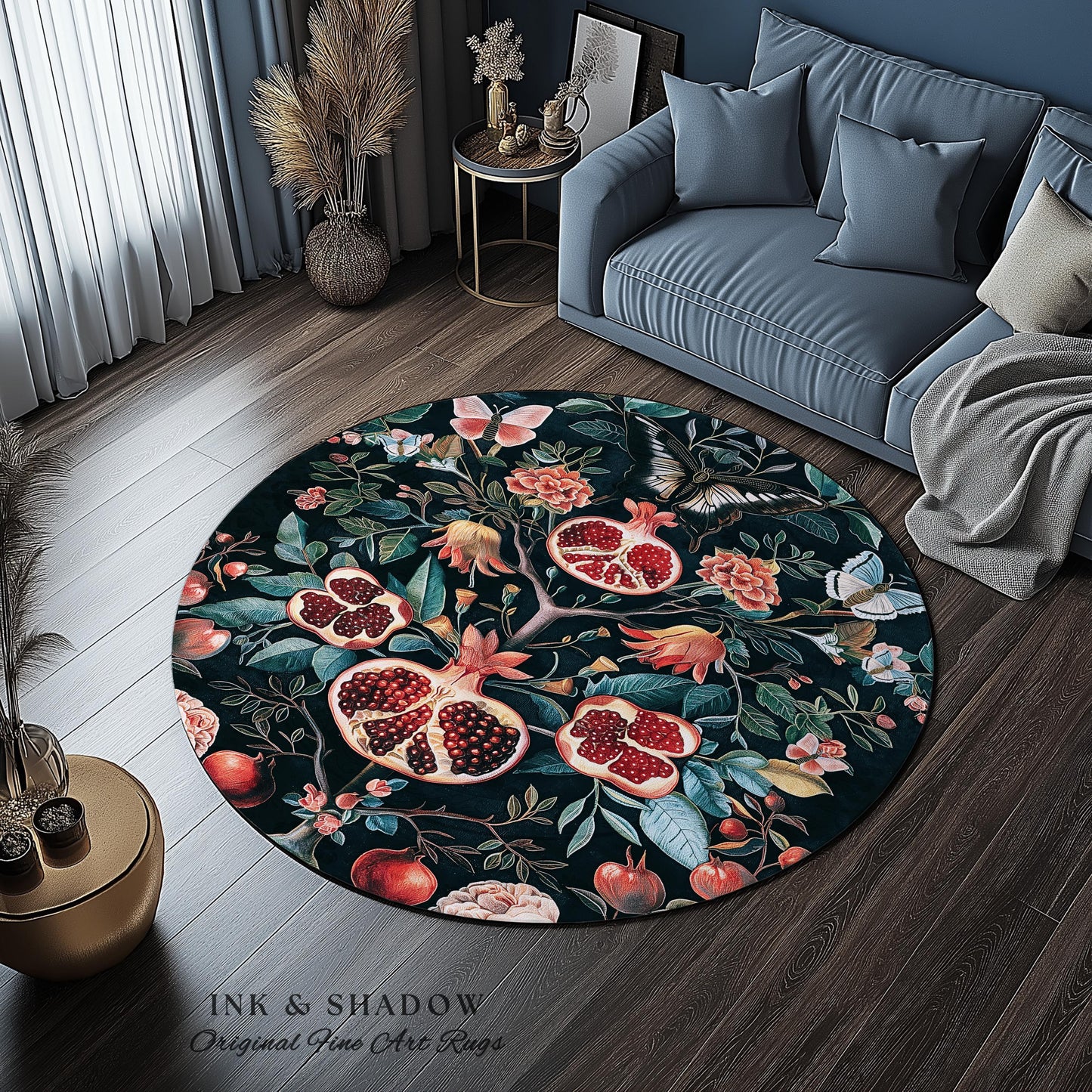 Vintage Pomegranate Floral Whimsigoth Rug Enchanted Botanical Butterfly Home Decor | Victorian Gothic Whimsical Woodland Forestcore Design