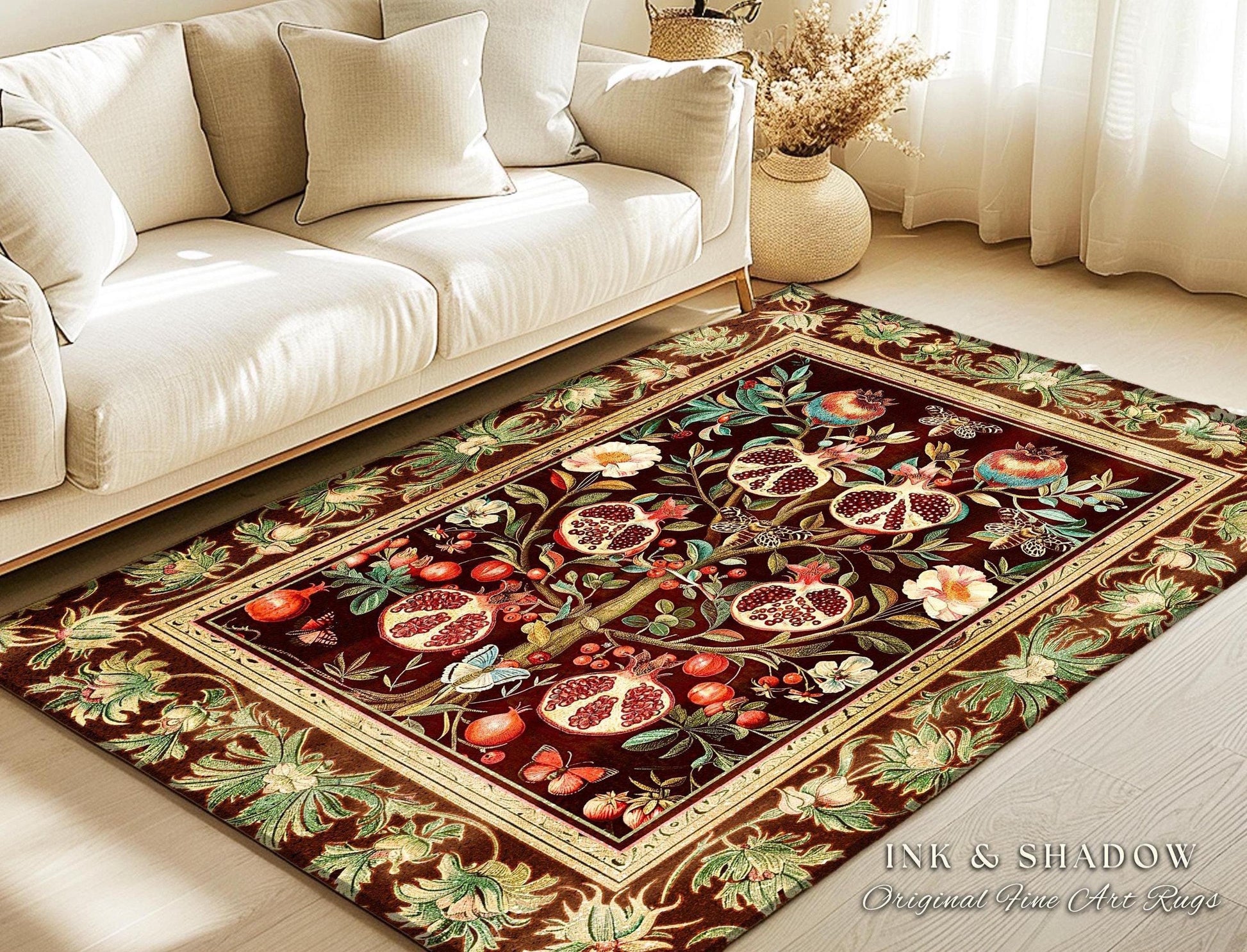 Antique Aesthetic Pomegranate Art Rug Enchanted Garden Cottagecore Decor | Gothic Woodland Whimsy Floral Butterfly Moth Vintage Fairycore